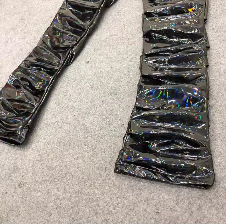 Leather Cool Black Holographic Shiny Reflective Stretchy pu Leather Size US 35 - 10 Thumbnail
