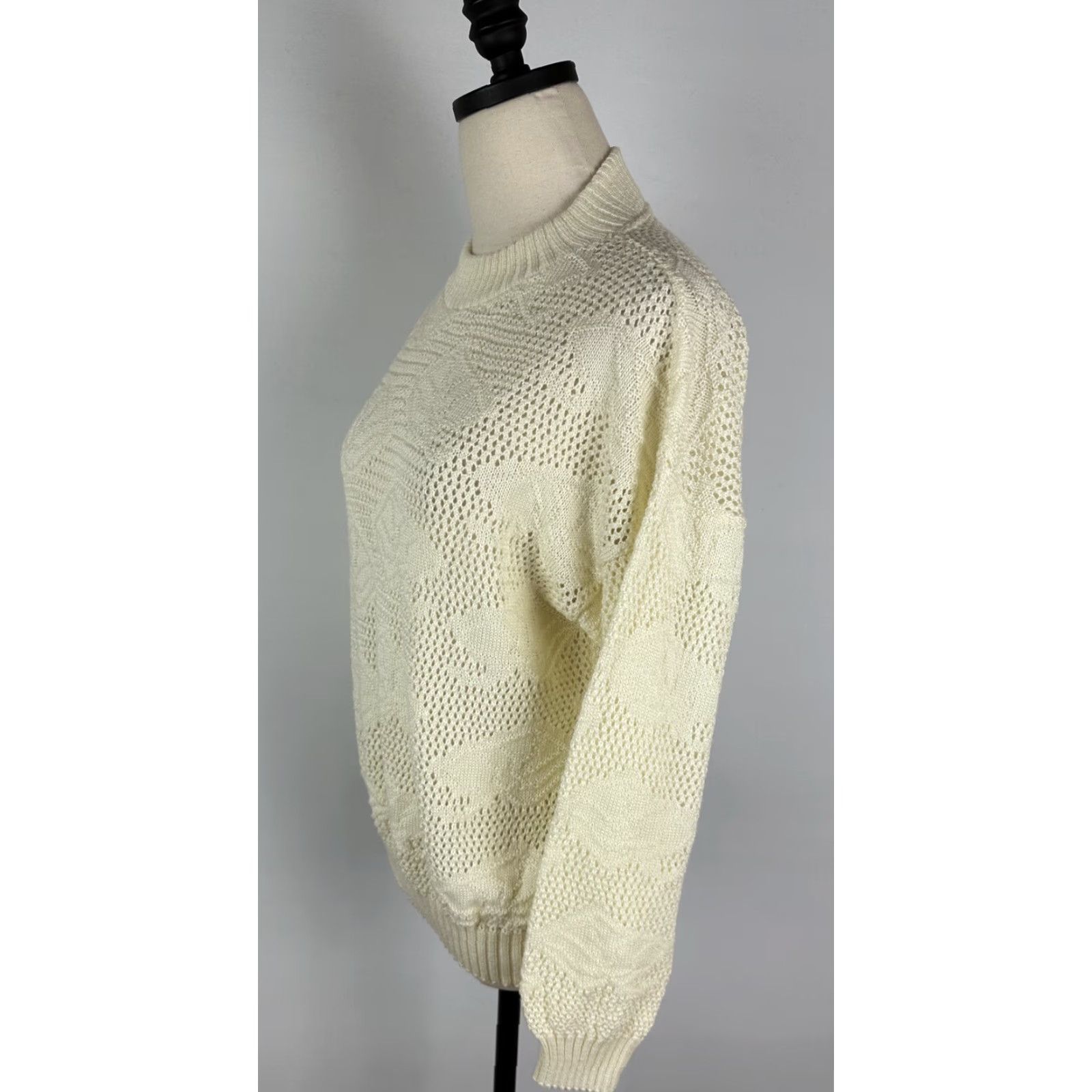Vintage VINTAGE Unbranded Sweater Womens Open Knit Ivory Crewneck 80s 90s Geometric Long Sleeve Medium Size M / US 6-8 / IT 42-44 - 6 Thumbnail