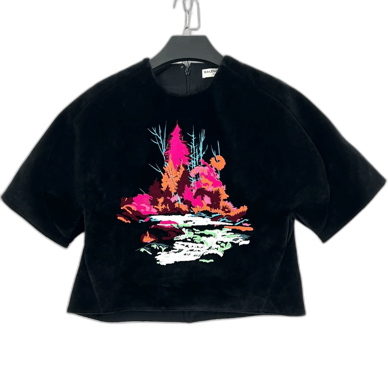 Balenciaga Black Velvet Short Sleeve Embroidered Top-2505 Size M / US 6-8 / IT 42-44 - 1 Thumbnail