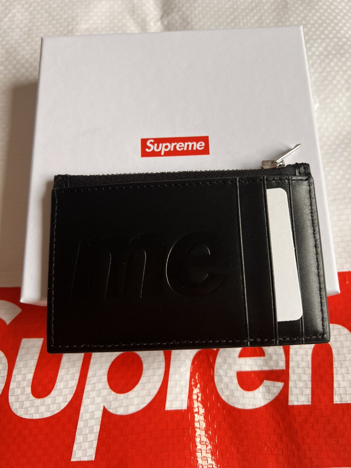 SUPREME Leather zip card holder Wallet black calfskin logo