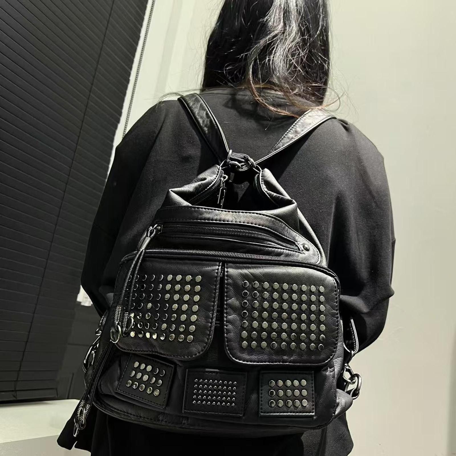 Vintage Black Studded Leather Shoulder Bag Convertible Backpack Size ONE SIZE - 2 Thumbnail