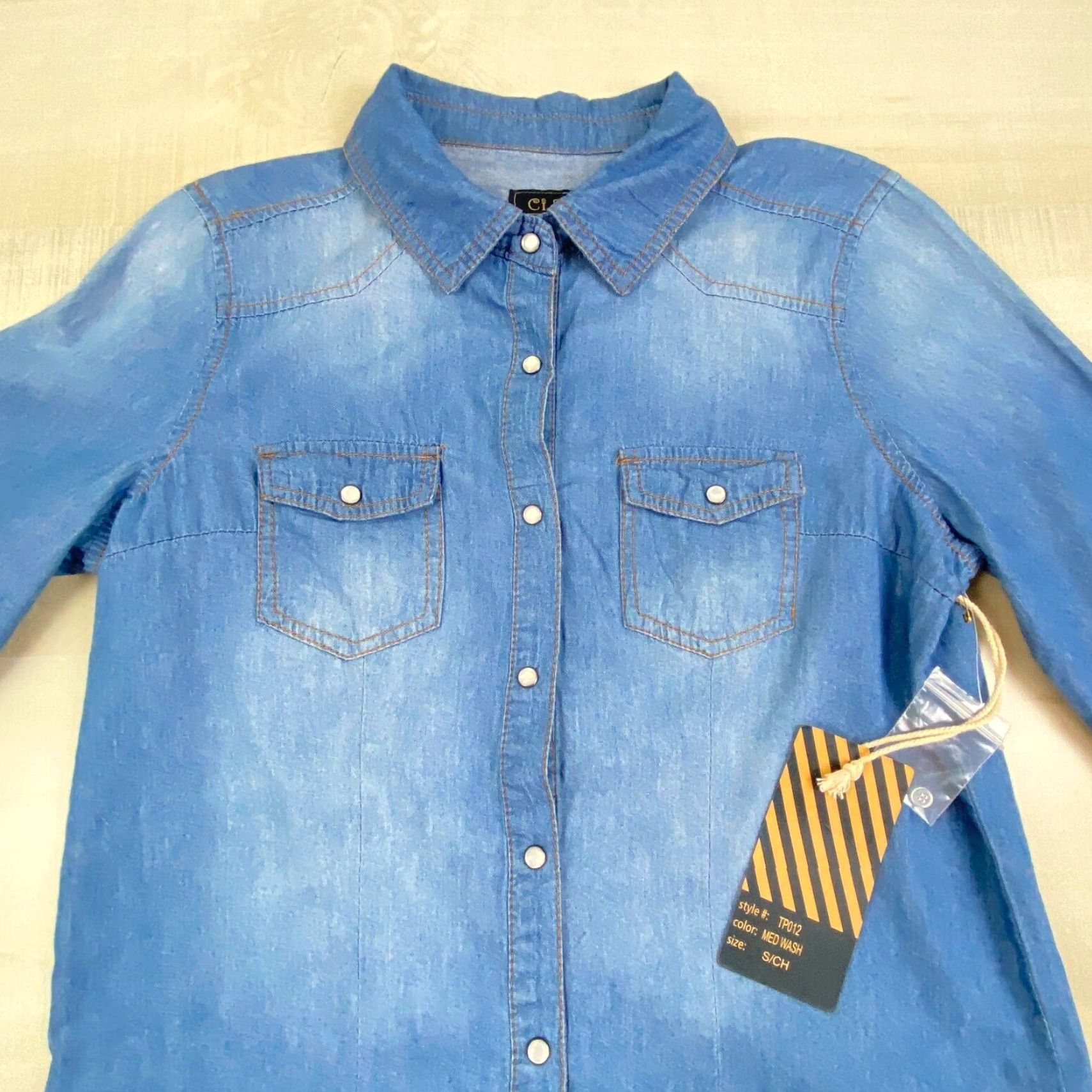 Vintage Ci Sono Womens Blue Chambray Button Up Shirt Small Western Roll Tab Sleeves Size S / US 4 / IT 40 - 2 Thumbnail