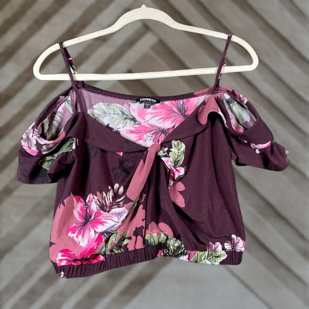 Express Express Blouse Womens Purple Multi Floral V Neck Cold Shoulder Crop Top S Size S / US 4 / IT 40 - 1 Thumbnail