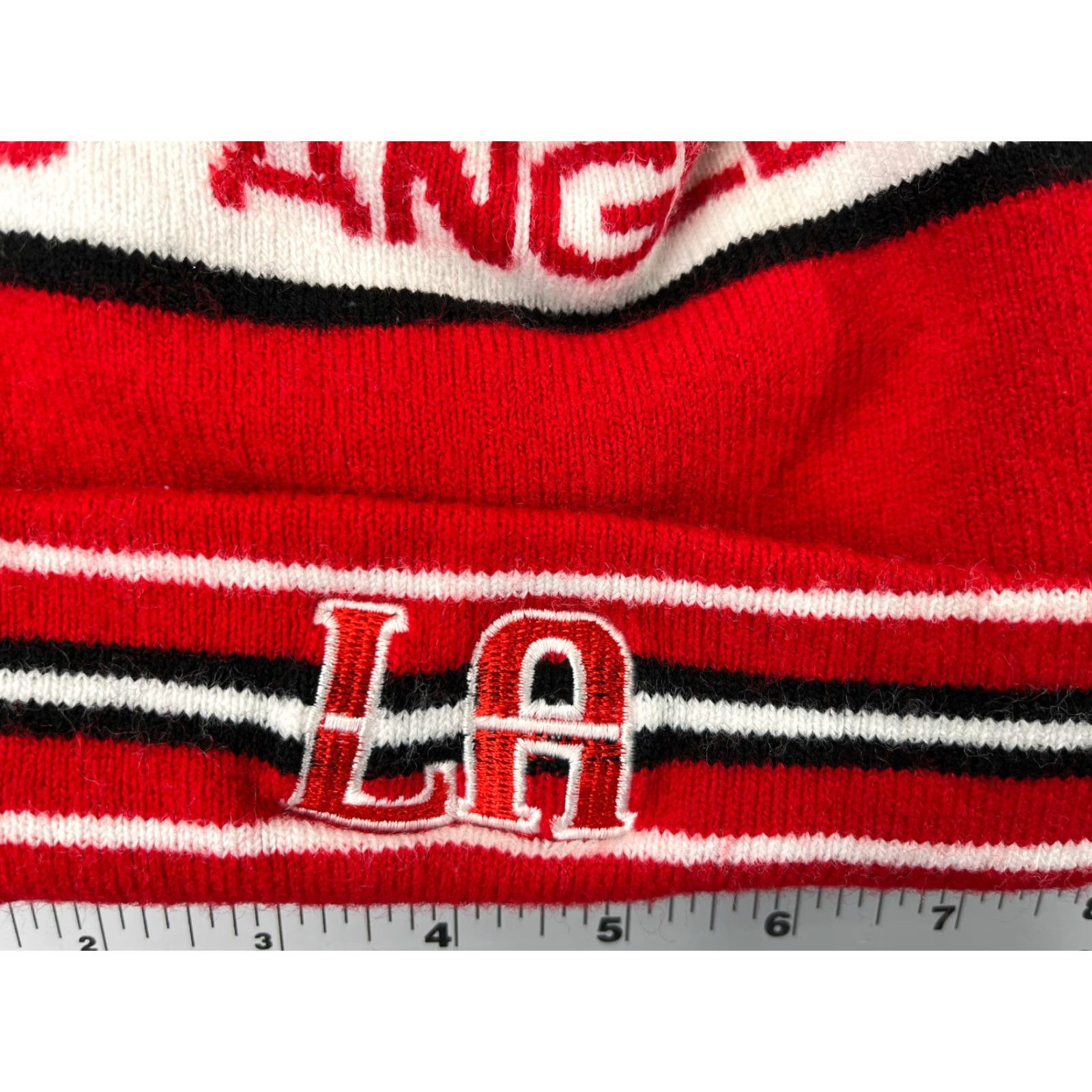 Vintage VINTAGE Los Angeles Beanie Toque Adult One Size Red Stripe Knit Embroidered 100% Acrylic Size ONE SIZE - 2 Thumbnail