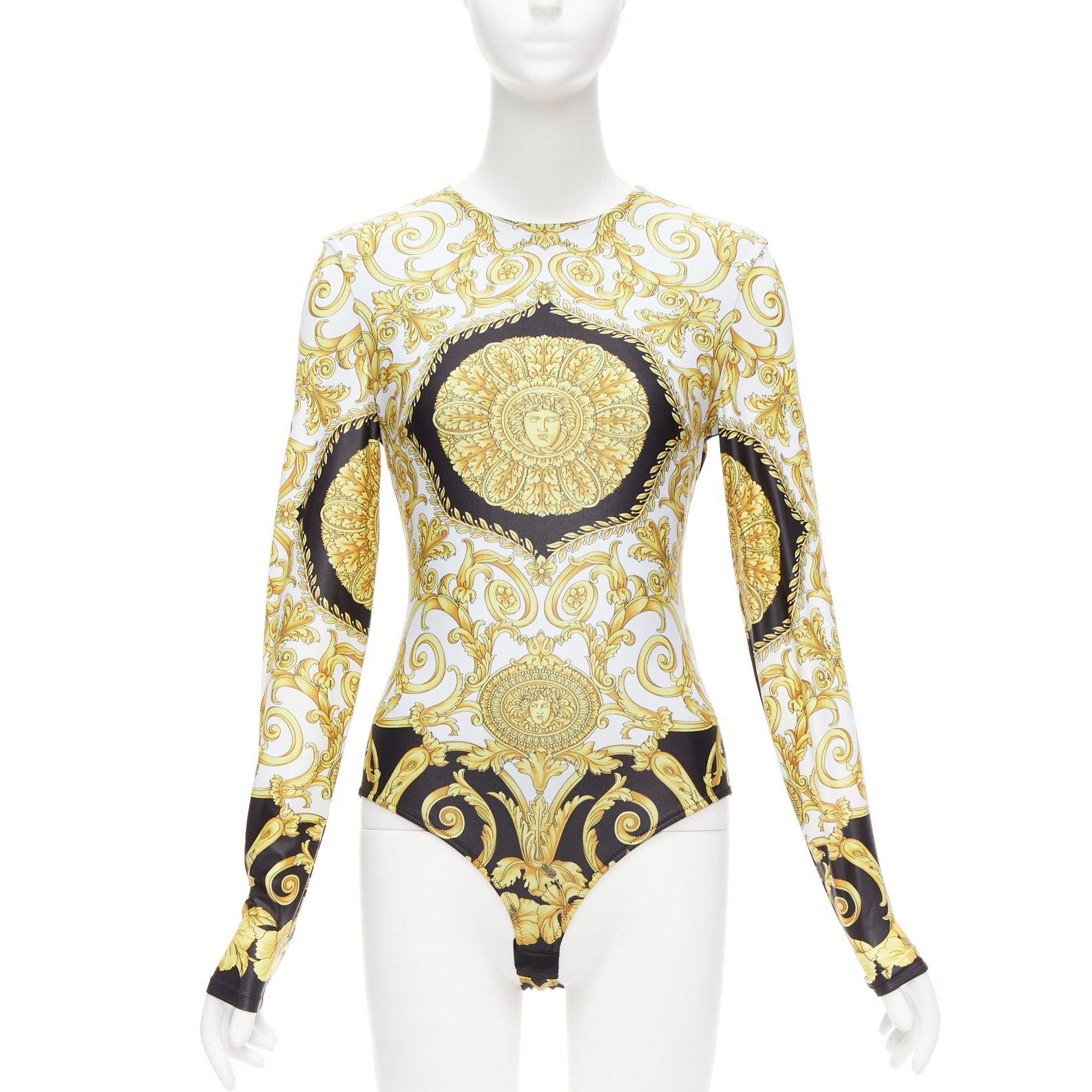 image of Versace 2018 Tribute Gold Medusa Barocco Long Sleeve Bodysuit Top It38 Xs, Women's