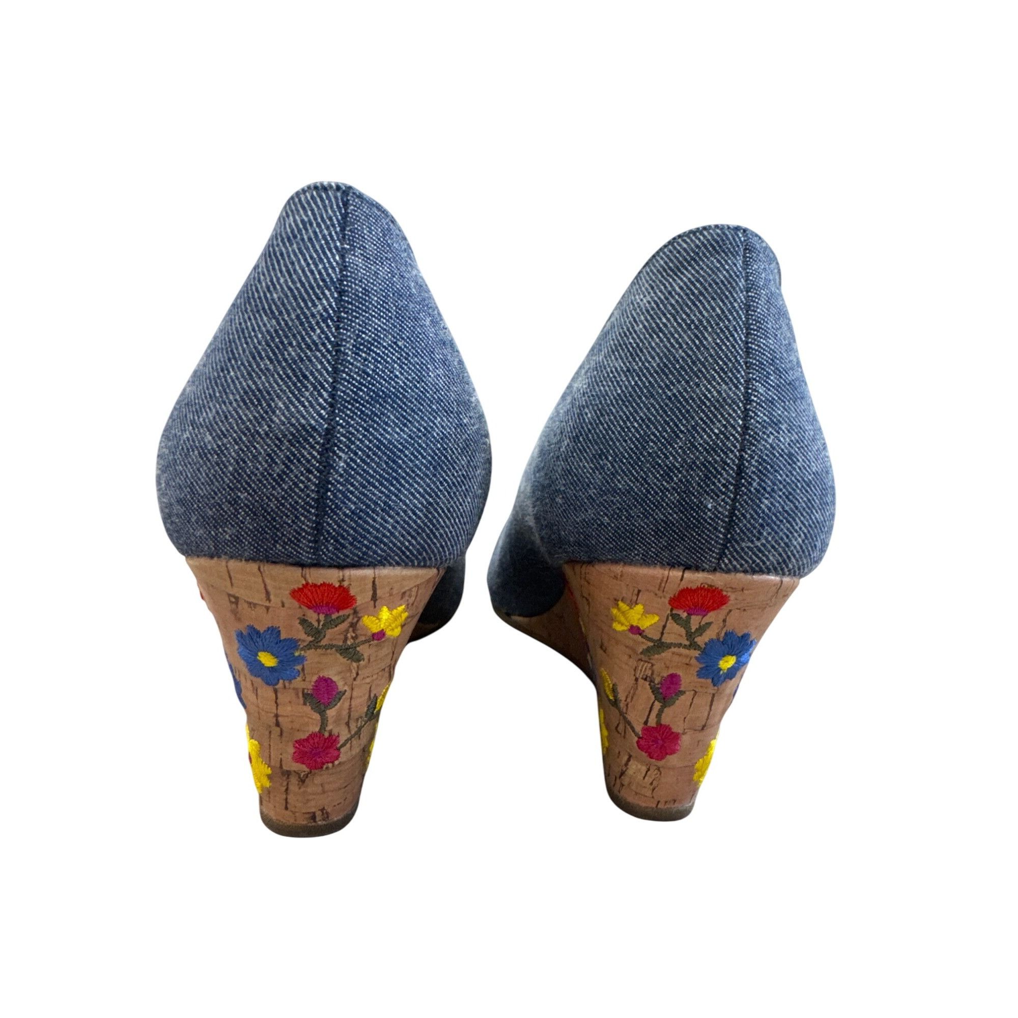 Designer Rialto Womens Blue Denim Floral Cork 3" Wedge Heel Shoes Siz Size US 9.5 / IT 39.5 - 7 Thumbnail