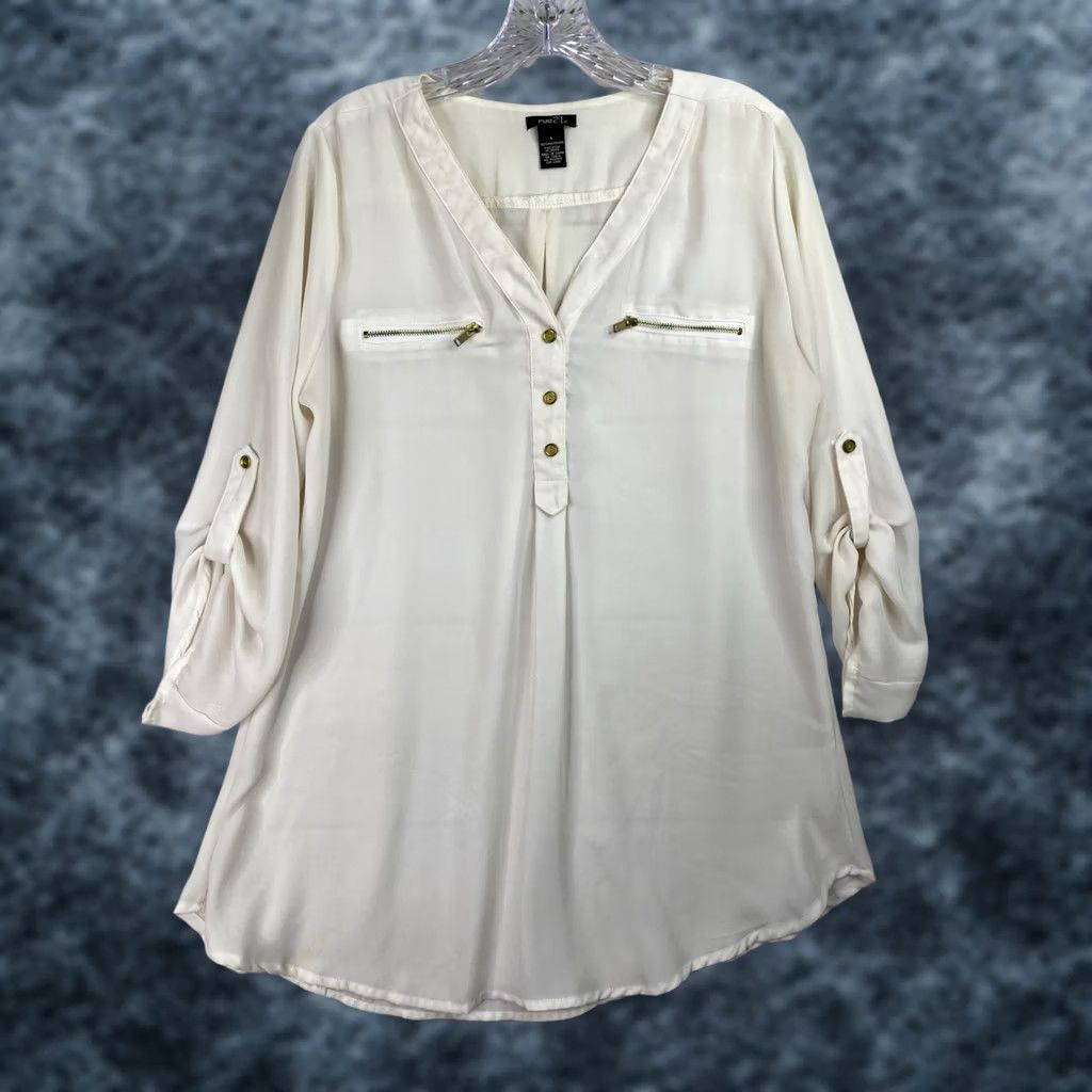 Vintage RUE21 Blouse Sz L Cream V-Neck Button Roll Tab Sleeve Polyester Bohemian Basic Womens Shirt Size L / US 10 / IT 46 - 1 Thumbnail