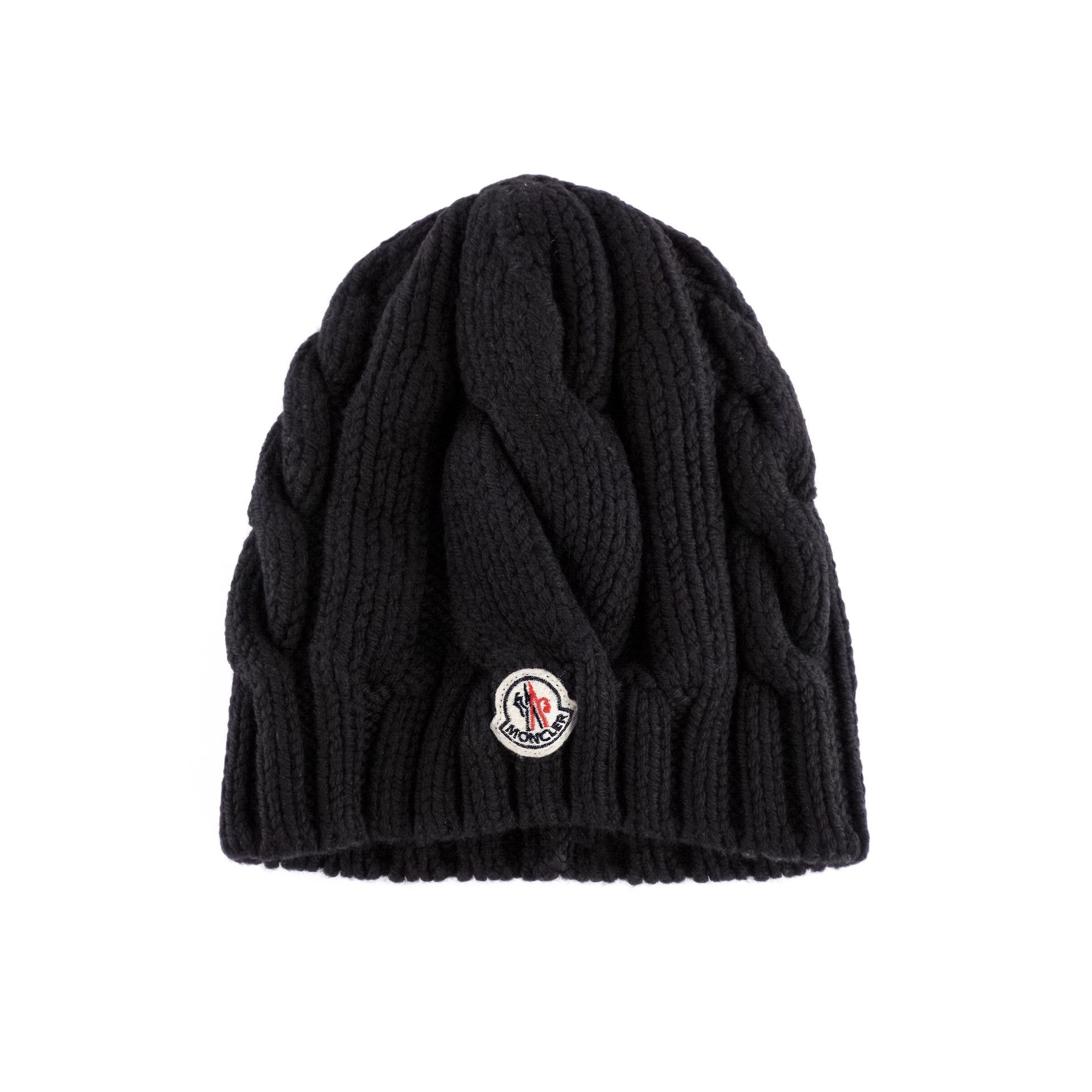 image of Moncler Logo Appliqué Cable Knit Wool Black Beanie Hat, Women's