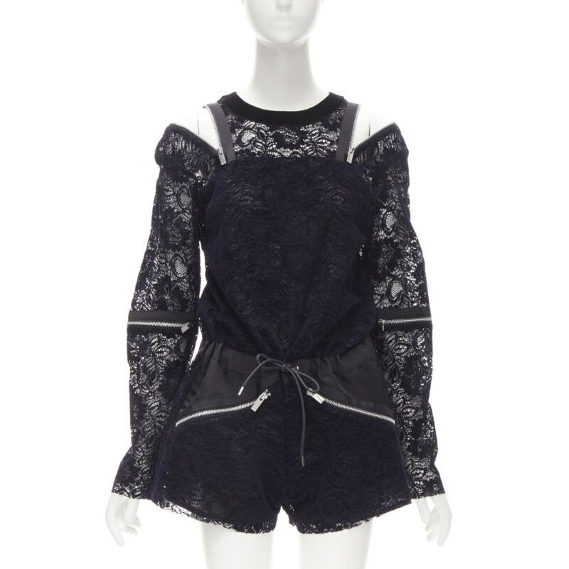 Sacai SACAI navy velvet floral lace pink zipper trim romper playsuit S Size 26" / US 2 / IT 38 - 1 Thumbnail