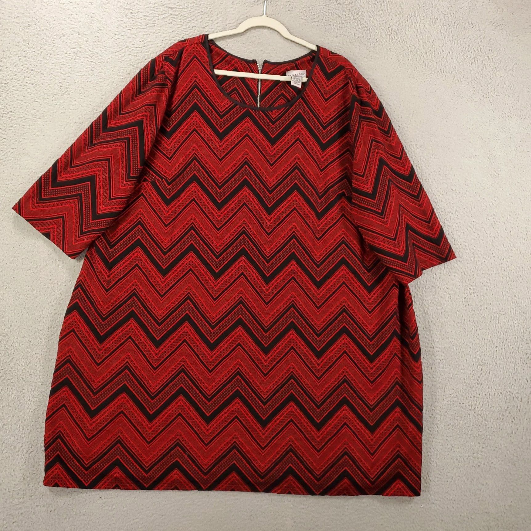 Vintage Catherines Dress Womens 5X Shift Red Chevron Pattern Exposed Zipper Zig Zag Size XXL / US 16-18 / IT 52-54 - 2 Thumbnail