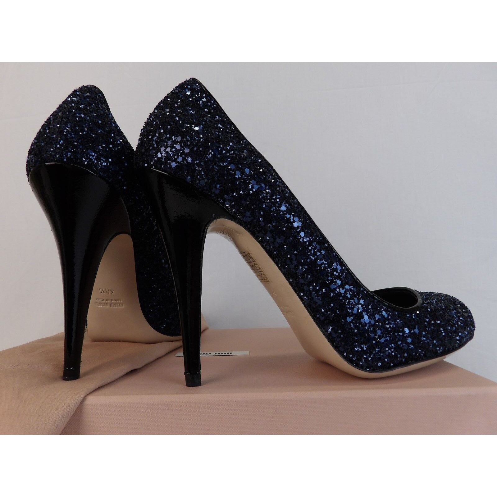 Miu Miu DARK NAVY GLITTER BLACK PATENT LEATHER HEEL PUMPS 40.5 ITALY Size US 10.5 / IT 40.5 - 5 Thumbnail