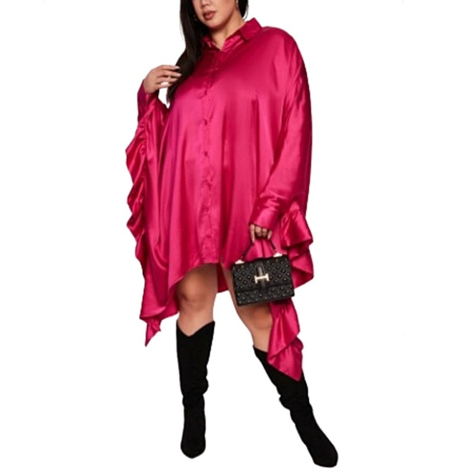 Other FUCSCHIA ☆ SATIN ☆ RUFFLED ☆ BATWING SHIRTDRESS ☆ 2x ☆ NWT Size XXL / US 16-18 / IT 52-54 - 4 Thumbnail