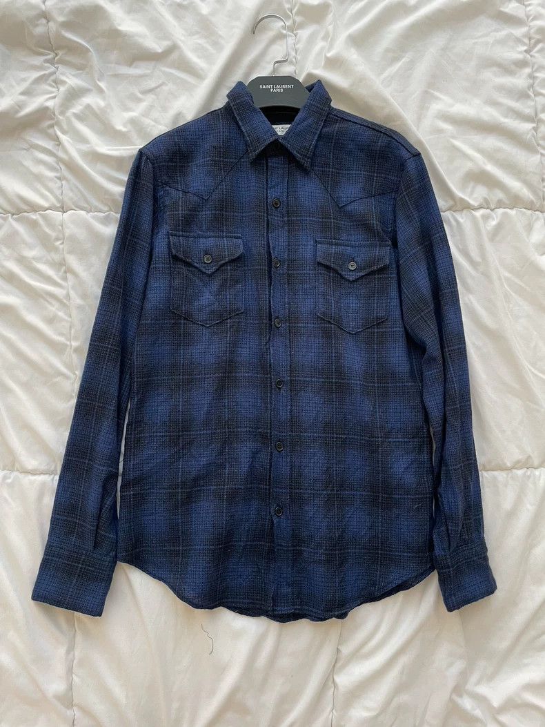 Yves Saint Laurent Saint Laurent 16 FW blue and black wool plaid shirt 2502-N Size US M / EU 48-50 / 2 - 1 Thumbnail