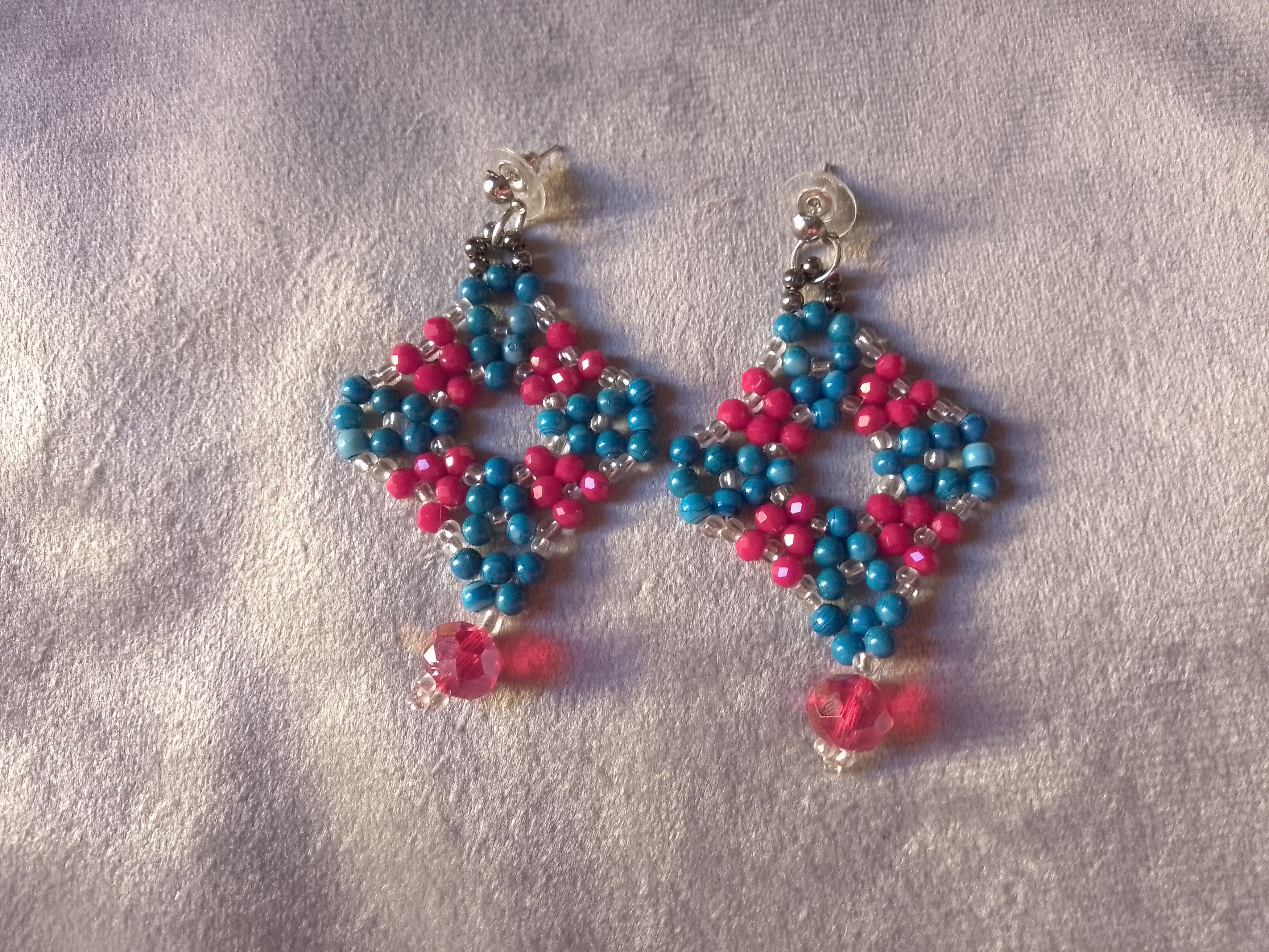 Handmade Earrings Blue Pearls Red Crystals Embroidered Handmade Size ONE SIZE - 3 Thumbnail