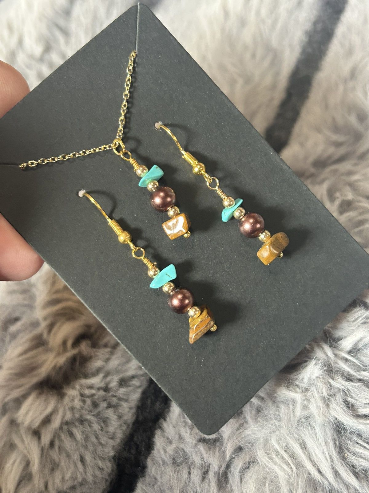 Handmade Handcrafted turquoise tigers eye Czech glass pearl set Size ONE SIZE - 1 Thumbnail