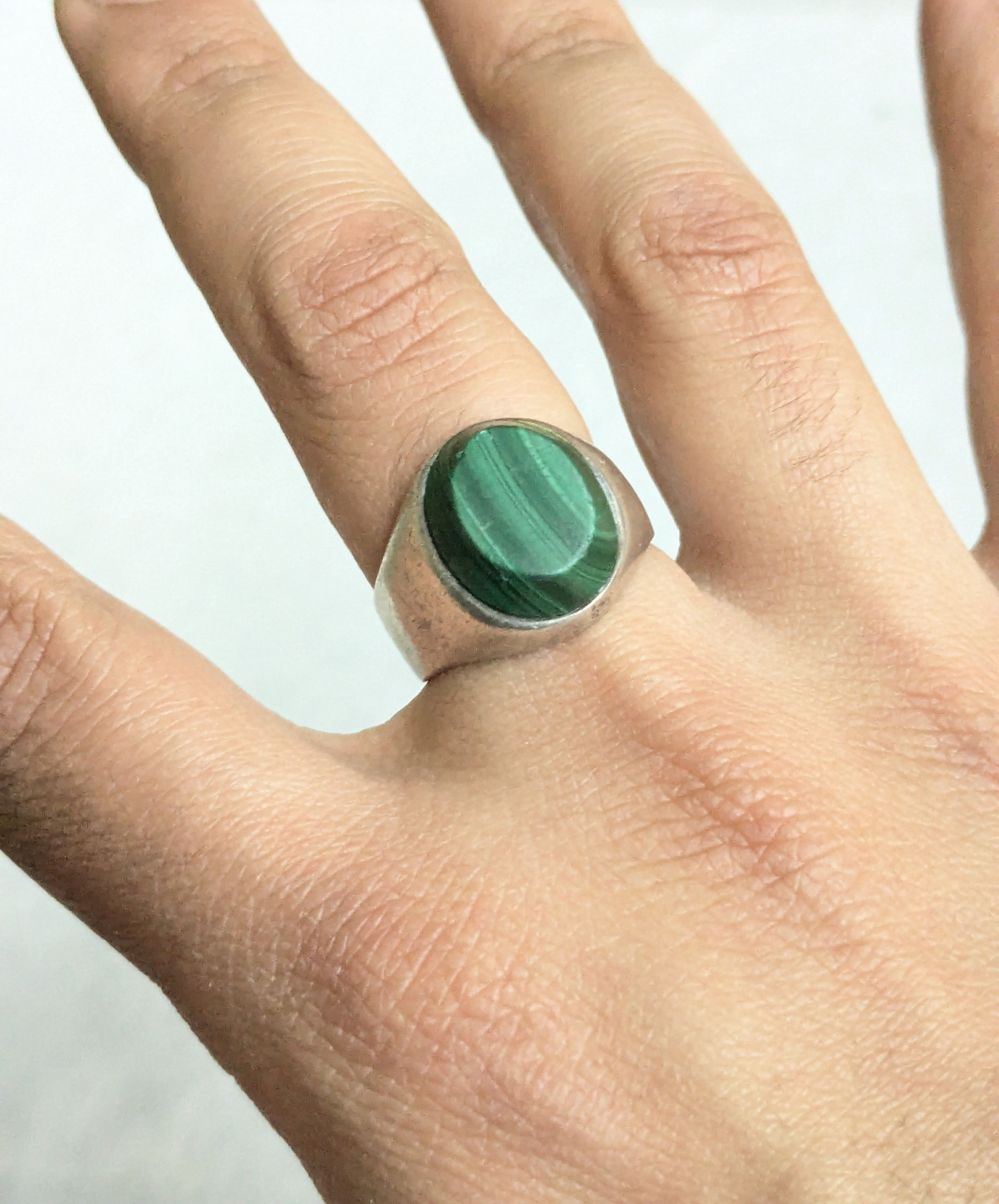 Jewelry Vintage Sterling Silver Ring Malachite Taxco 10 Oval Size ONE SIZE - 10 Thumbnail