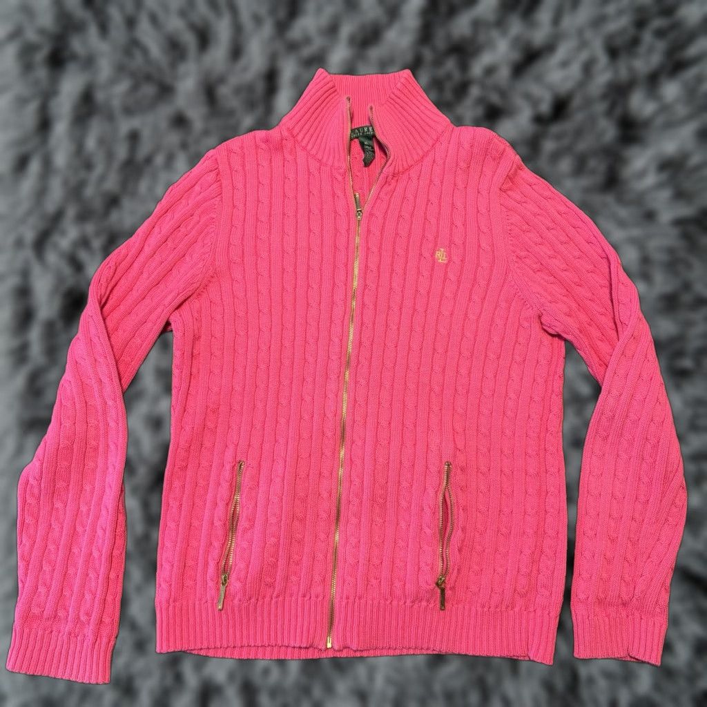 Ralph Lauren VINTAGE Lauren Ralph Lauren Cardigan Womens Cable-Knit Y2K Full Zip Mock Neck Jacket XL Pink Size XL / US 12-14 / IT 48-50 - 1 Thumbnail