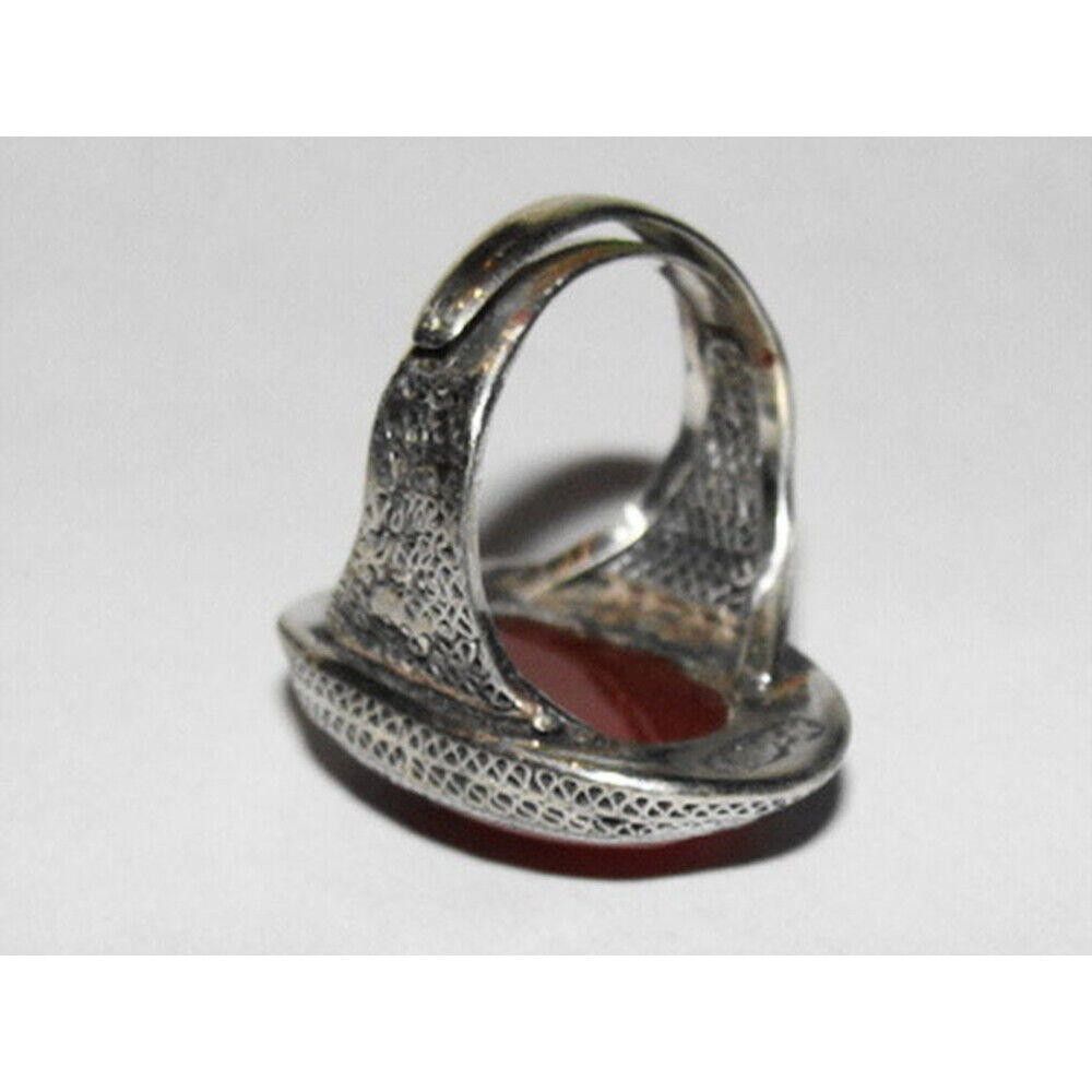Designer Chinese Art Deco Sterling Silver Carnelian Cabochon Ring Size ONE SIZE - 4 Thumbnail