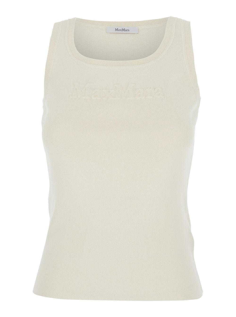 'Pentola' White Sleeveless Top with Square Neck and Tonal Logo Lettering Embroidery on the Front in Viscose Blend Woman