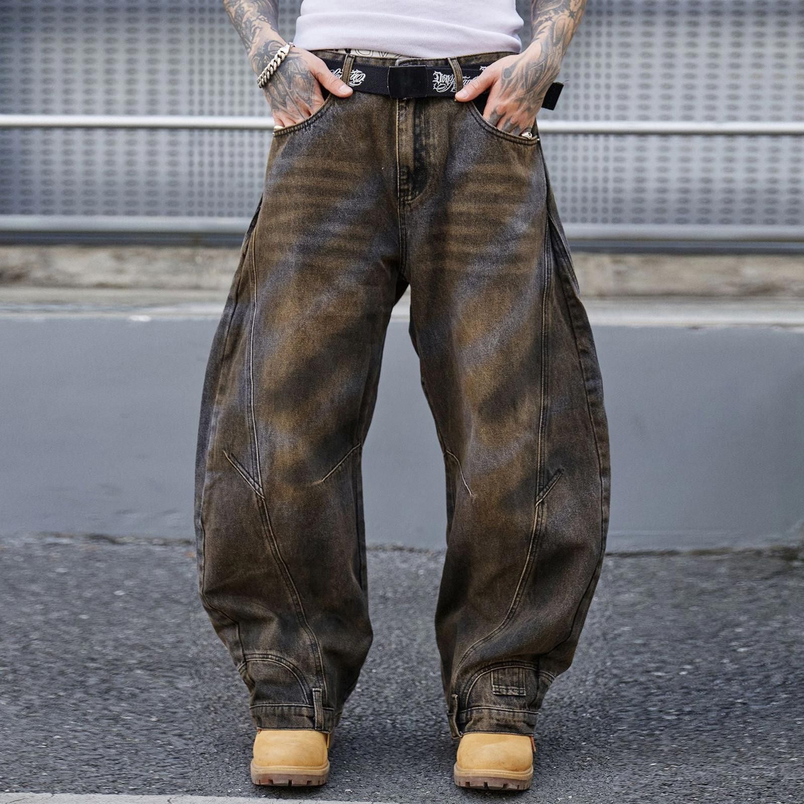 Japanese Brand Distressed Blue and Brown Wide Leg Denim Jeans, Baggy Fit Size US 28 / EU 44 - 6 Thumbnail