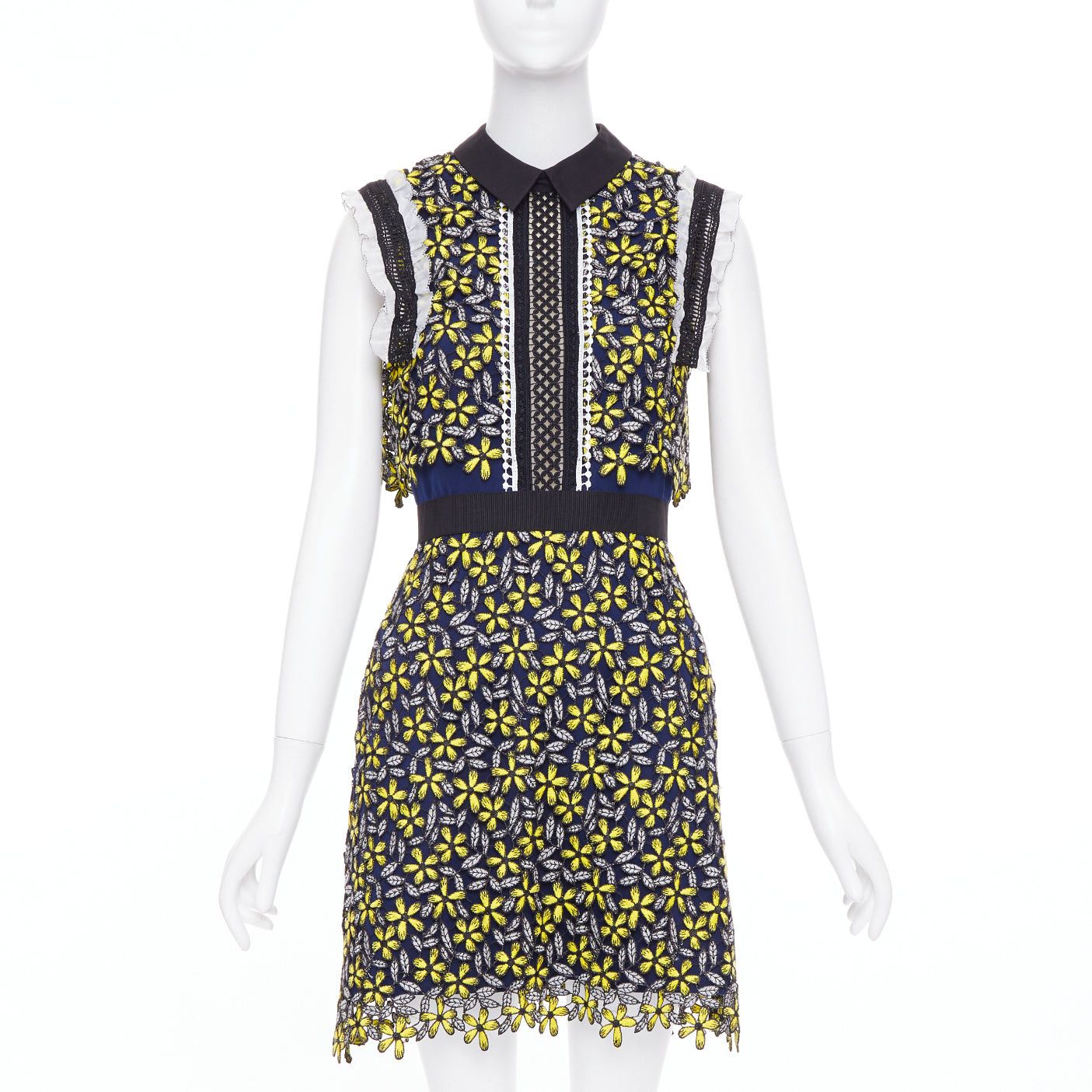 Self-Portrait SELF PORTRAIT Eleina Sculpted Daisy Guipure yellow navy lace floral dress UK4 XXS Size XS / US 0-2 / IT 36-38 - 1 Thumbnail