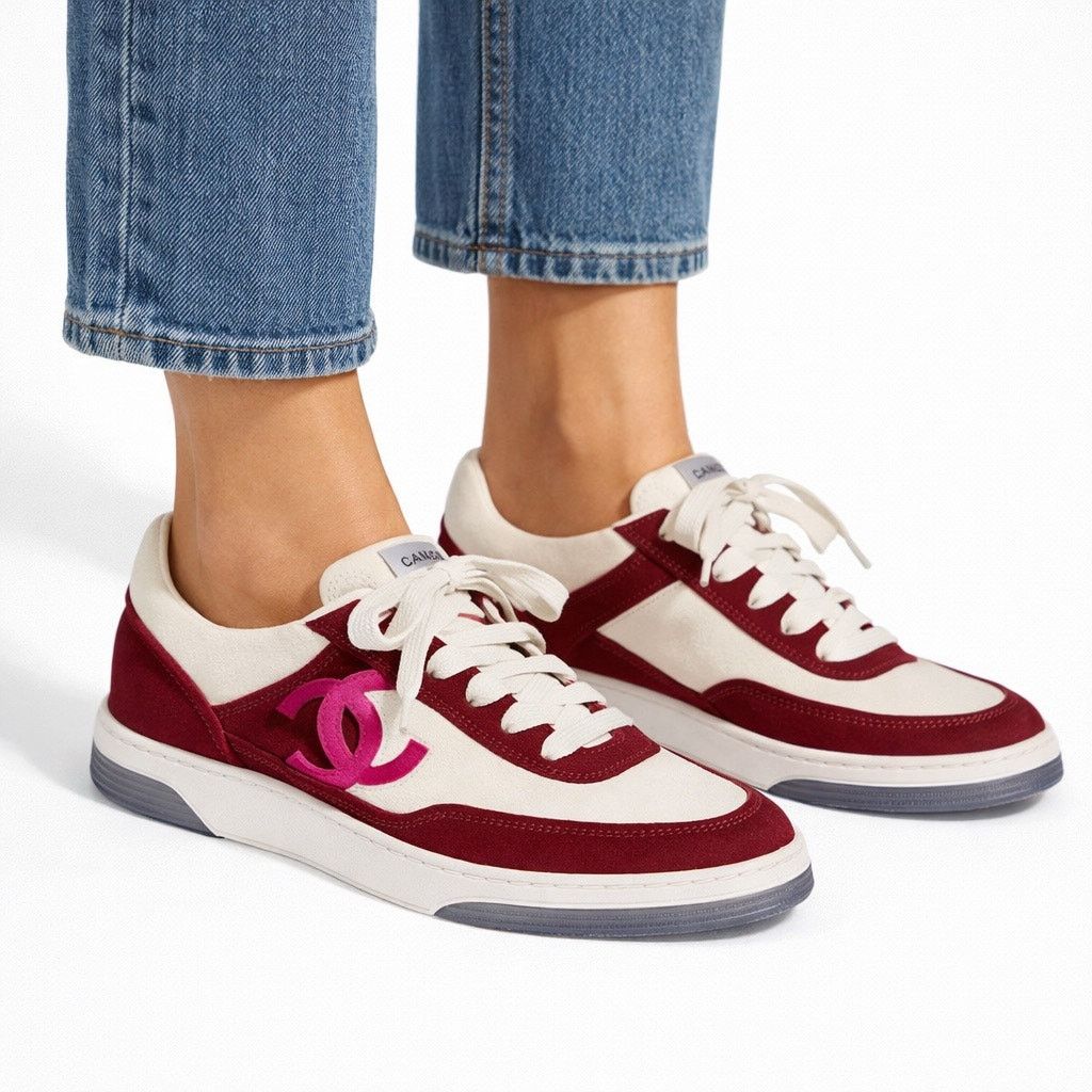 Chanel CC Logo Suede Kidskin Lace Up Sneakers Burgundy 36.5