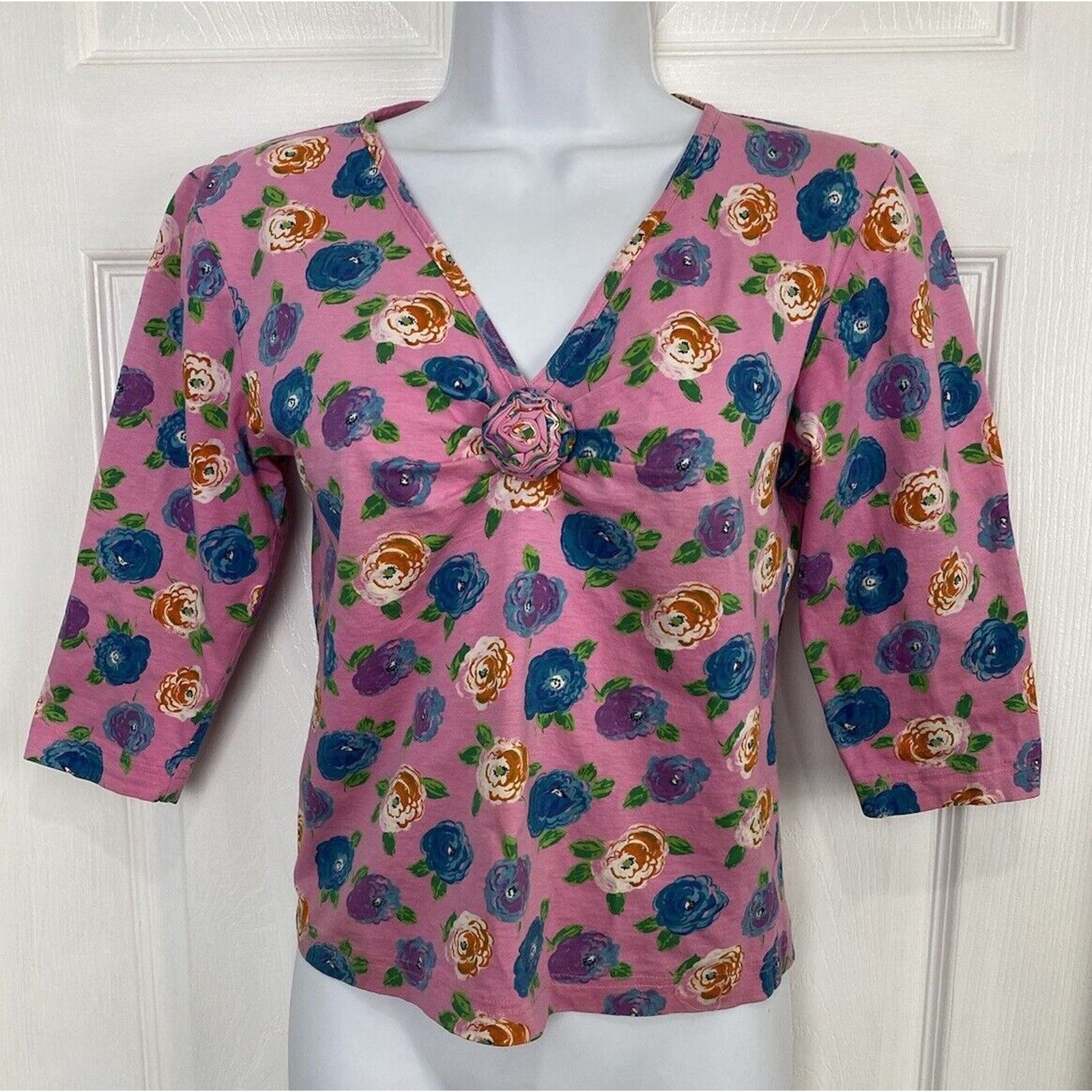 Other VTG Ungaro Ter Floral Pink Blue 3/4 Sleeve Shirt V Neck Size M / US 6-8 / IT 42-44 - 1 Thumbnail