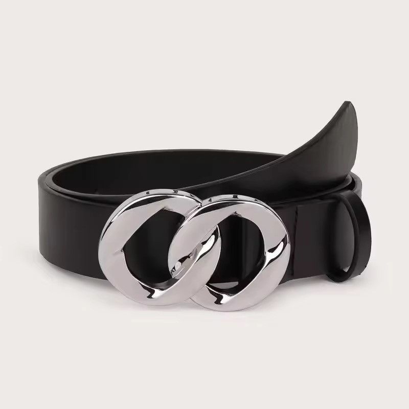 Leather Double Loop Chain Buckle Basic Black Glossy PU Leather Belt Size ONE SIZE - 1 Thumbnail