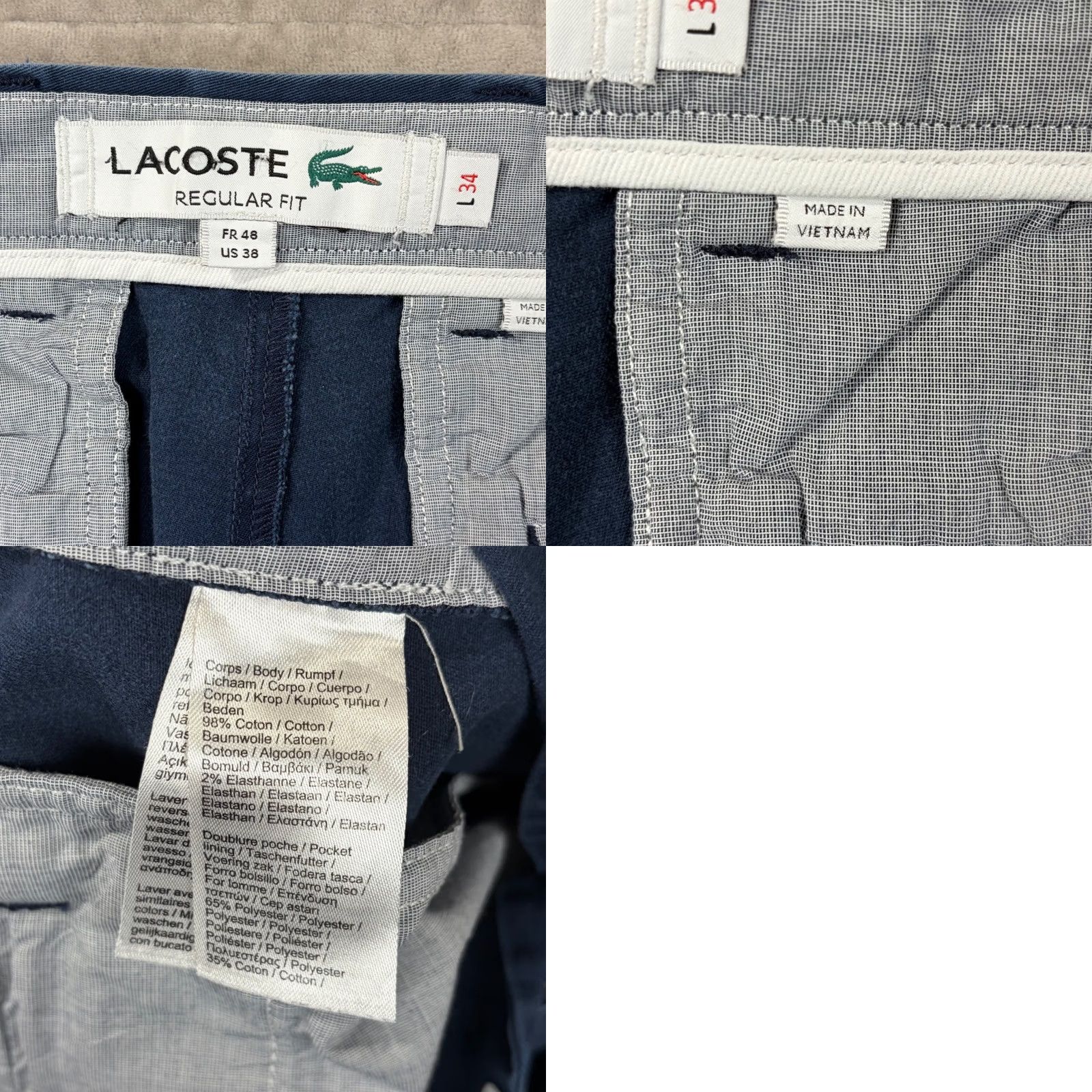 Lacoste Lacoste Chino Pants Navy Blue Regular Fit Cotton Blend 38x34 Straight Leg Mens Front Pockets Logo - Size US 38 / EU 54 - 8 Thumbnail
