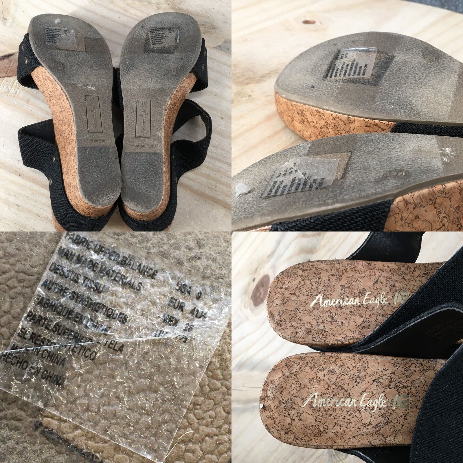 Vintage American Eagle Sandals Womens 9 Cork Heels Wedge Platform Slide Black Fabric Size US 9 / IT 39 - 9 Thumbnail