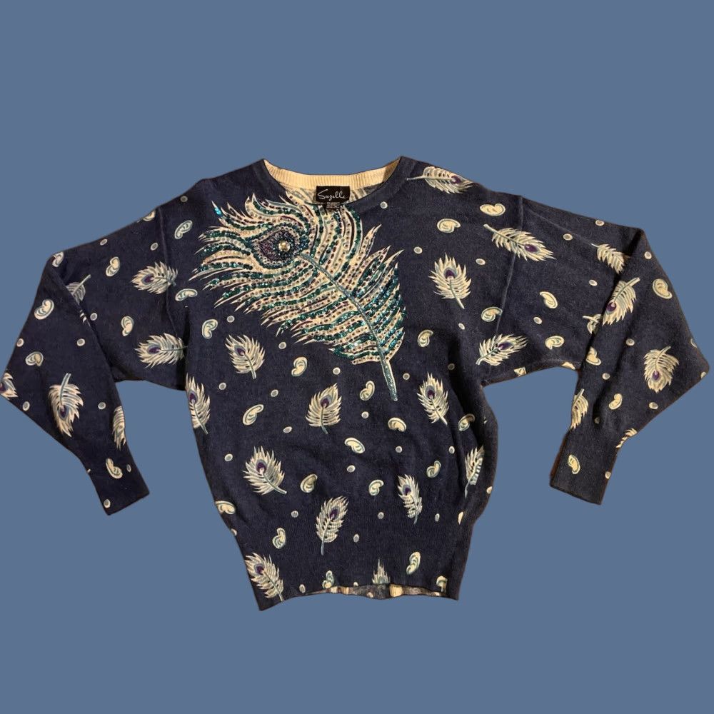 Vintage VINTAGE Suzelle Sweater Woman’s M Blue Angora Lambswool Sequin Beaded 80s Crew Neck Pullover Knit Wool Pattern Geometric Casual Party/Cocktail Size M / US 6-8 / IT 42-44 - 1 Thumbnail