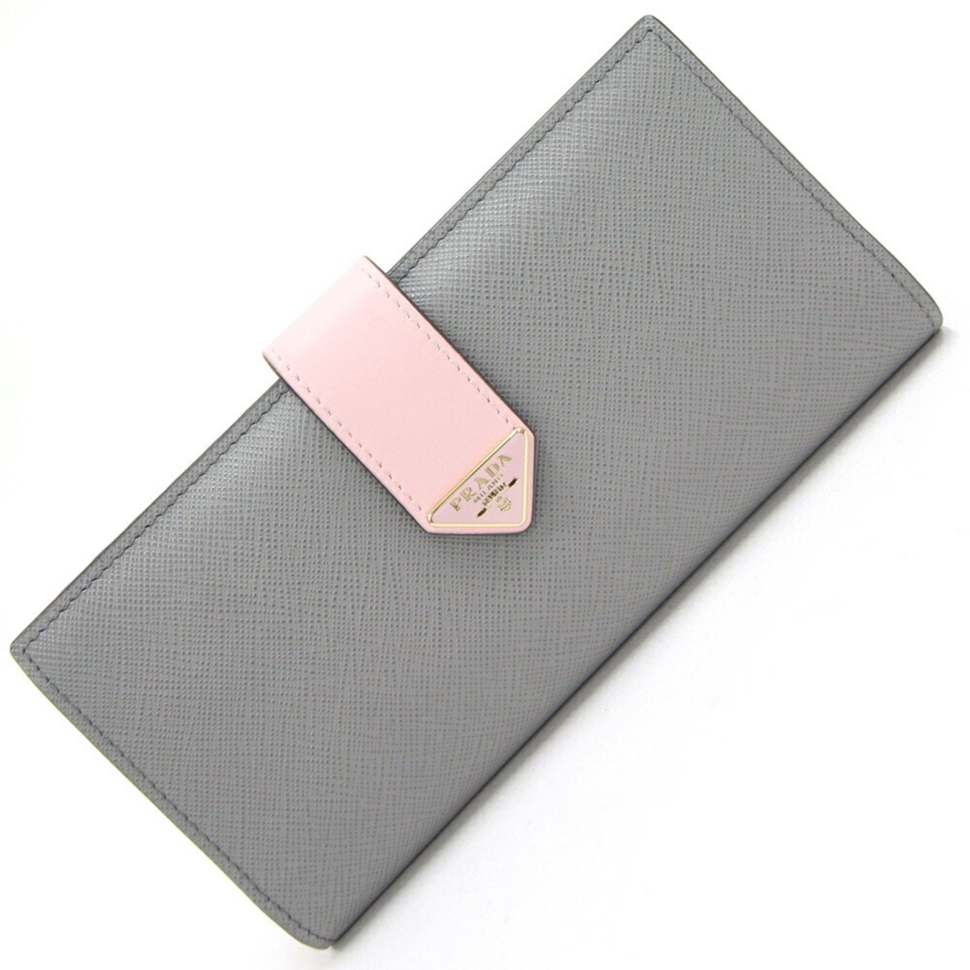 image of Prada Bifold Long Wallet 1Mv025 Gray Light Pink Leather Ladies Triangle Prada in Grey, Women's
