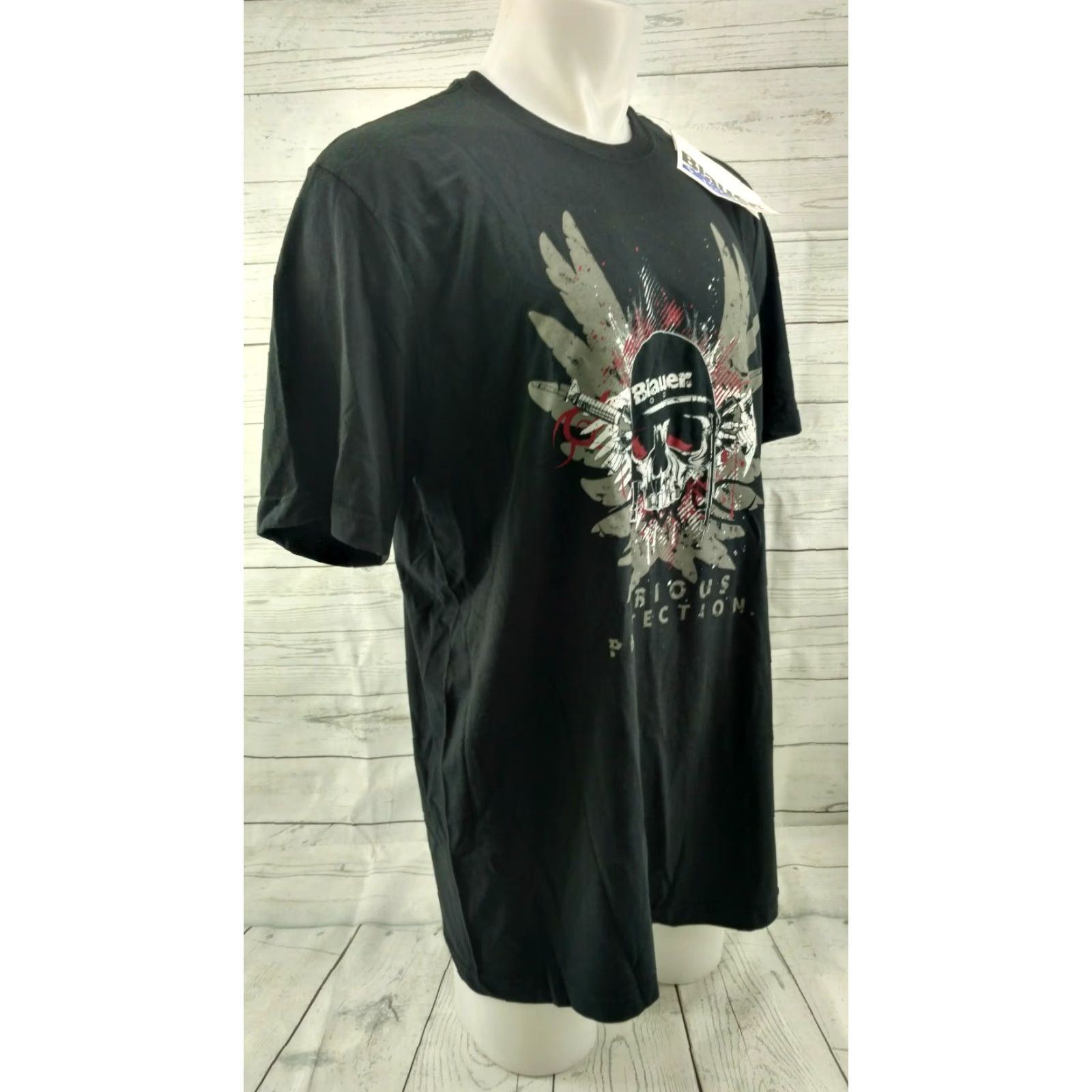 Vintage BLAUER Shirt Men XL Black Print T Shirt Skull Serious Protection Size US XL / EU 56 / 4 - 4 Thumbnail