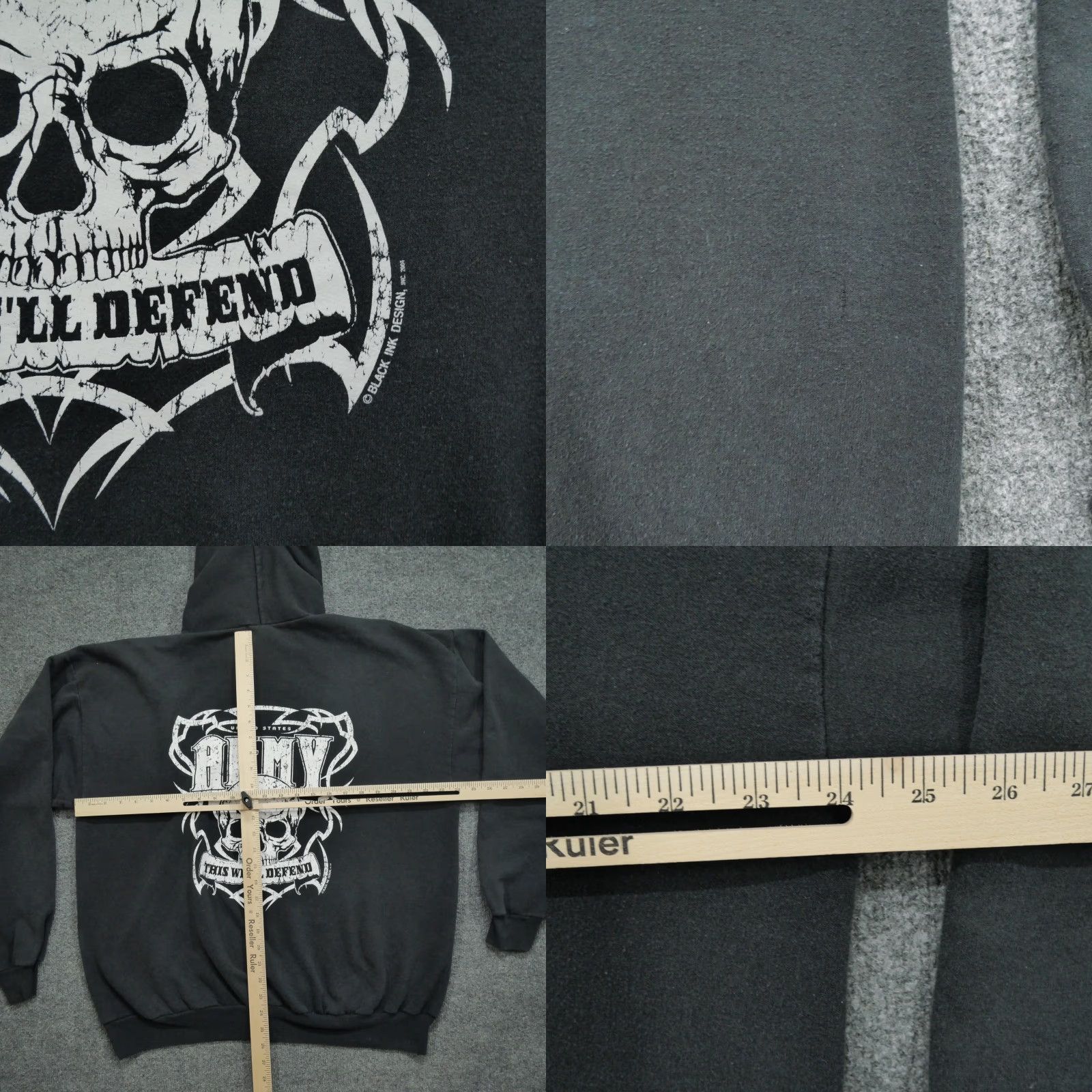 Hanes VINTAGE Hanes Hoodie Mens XL Black Pullover Hooded Distressed Graphic Back Hole Y2K Skull faded US Army Sweatshirt Cotton Polyester Size US XL / EU 56 / 4 - 8 Thumbnail