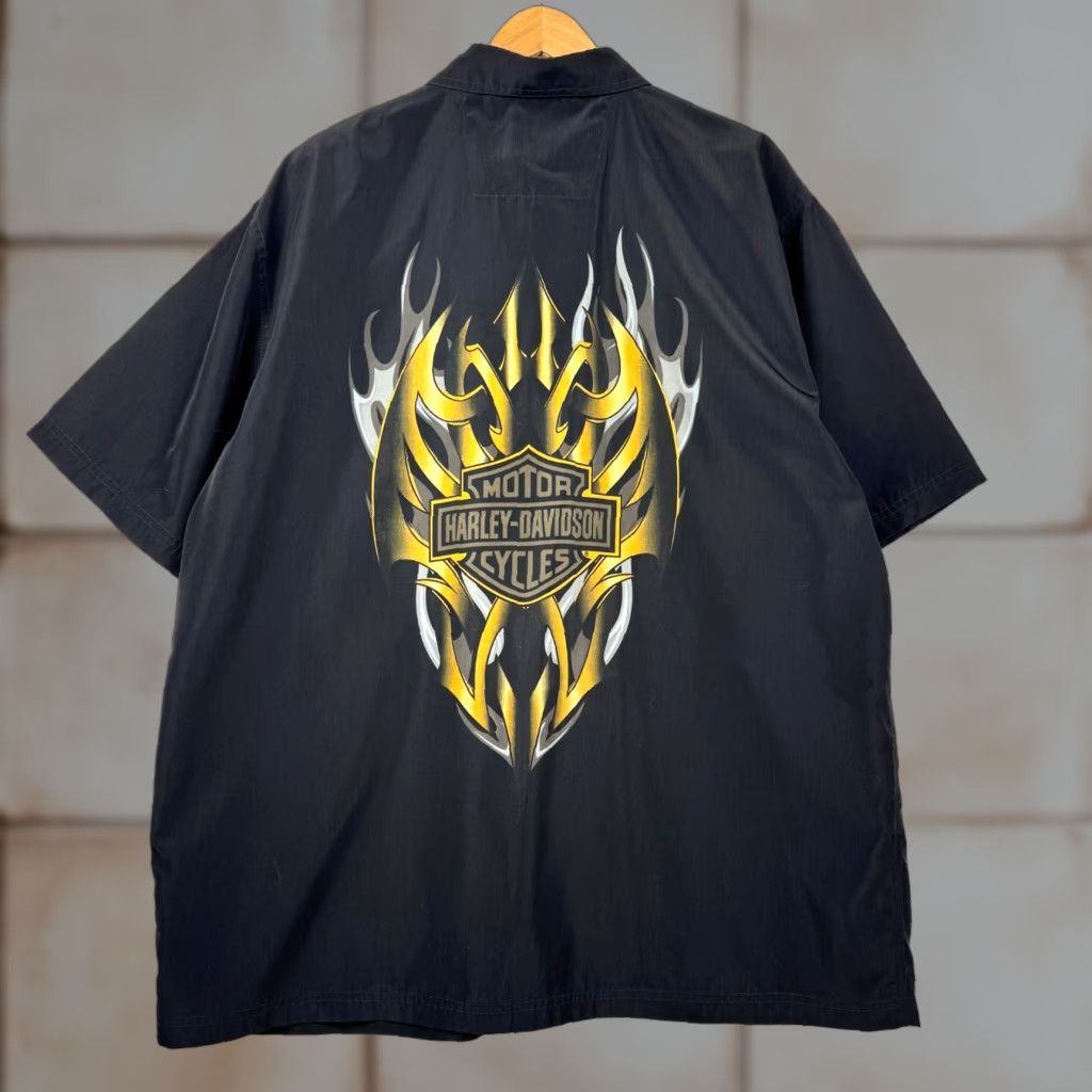 Harley Davidson VINTAGE Harley-Davidson Y2K Flame Button-Up Shirt 2XL XXL Orange Cotton Men Adults Short Sleeve Graphic Print Size US 39 - 1 Thumbnail