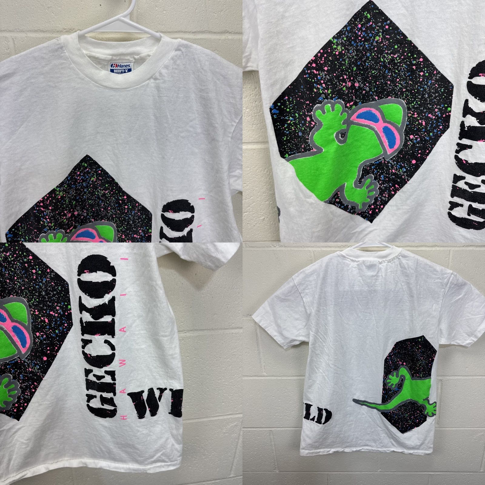 Hanes VINTAGE Gecko Hawaii T-Shirt Large White 80s Neon Print Beachy Surfer Mens Size US L / EU 52-54 / 3 - 8 Thumbnail