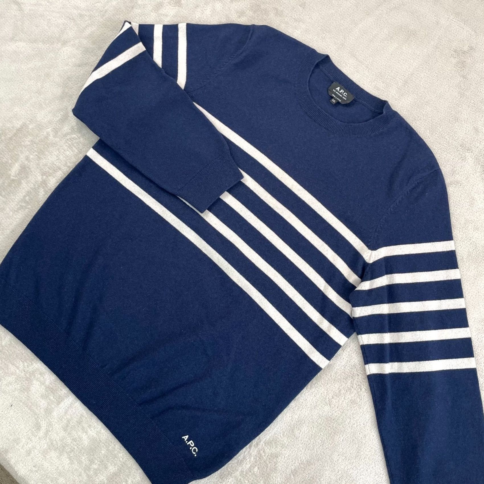 A.P.C. A.P.C. Maceo Stripe Knit Sweater Men 2XL Navy Cashmere Cotton Blend Designer Pullover Crew Neck Long Sleeve Casual Winter Fall Spring Womens? Mens Size US XXL / EU 58 / 5 - 3 Thumbnail