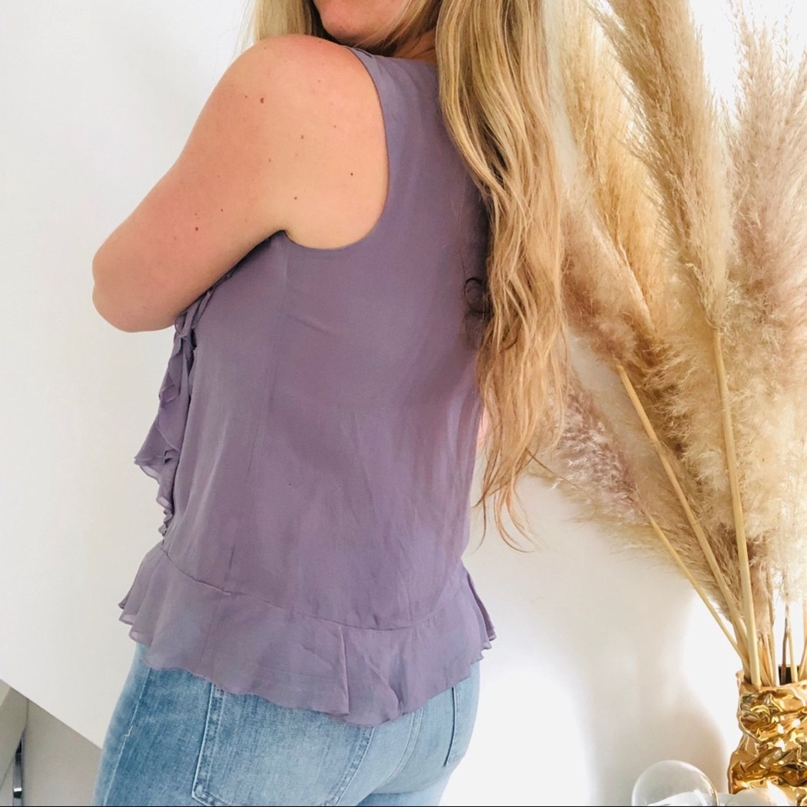 J.Crew J CREW Purple Ruffle Sheer Keyhole Button Silk Tank Blouse Size XS / US 0-2 / IT 36-38 - 4 Thumbnail