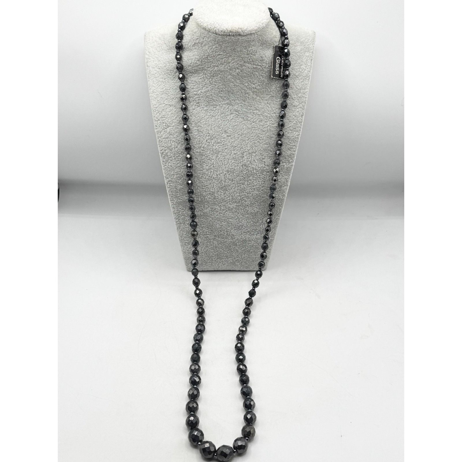 Vintage hematite bohemian glass beaded long necklace