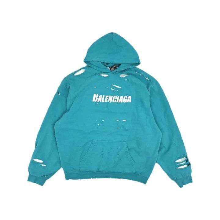 Balenciaga Balenciaga Distressed Logo Hoodie in Light Blue 0079-2507 Size US M / EU 48-50 / 2 - 1 Thumbnail