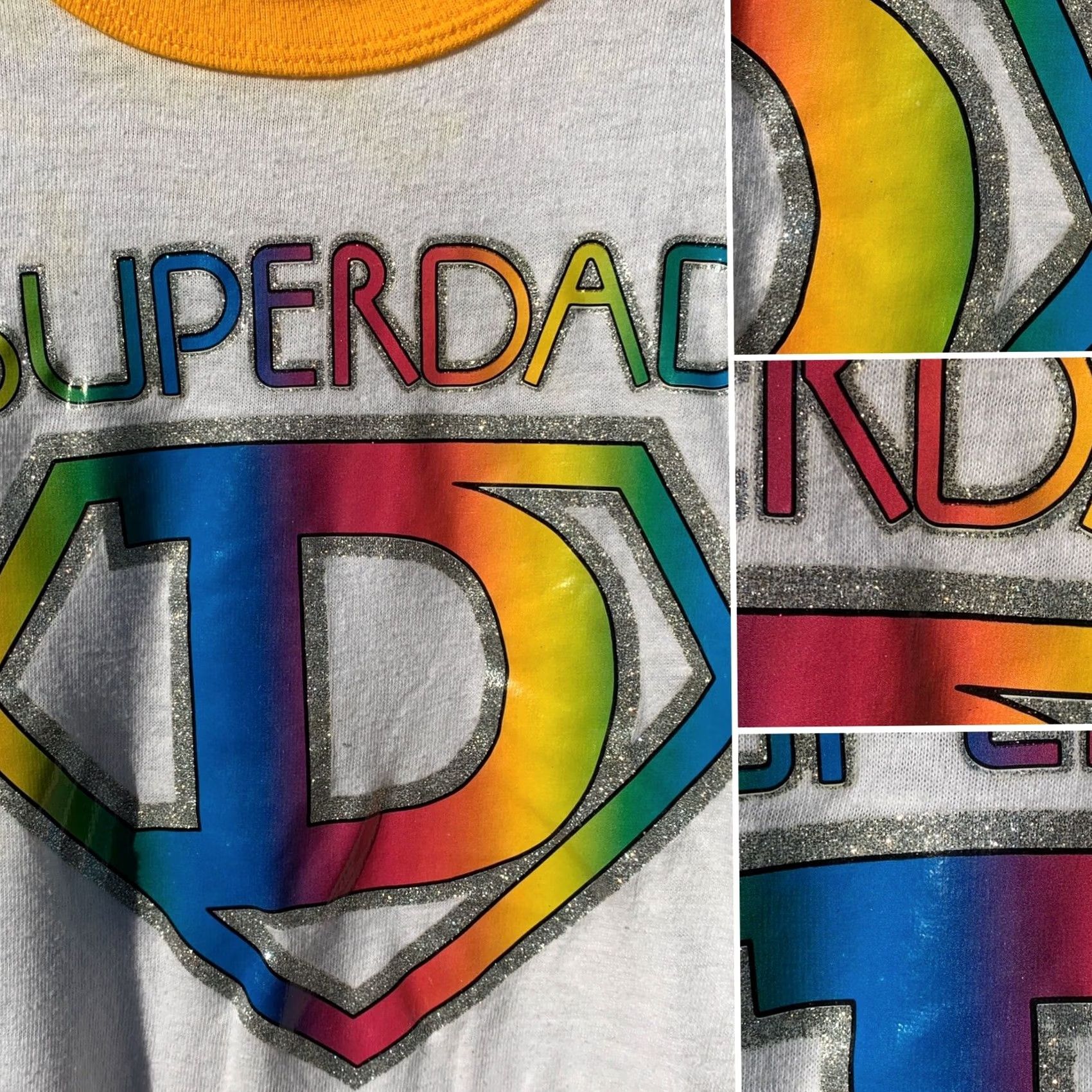 Hanes VINTAGE Hanes Iron On Tee Shirt Rainbow SUPERDAD Yellow Sleeves Ringer Neck 70s L Mens Size US L / EU 52-54 / 3 - 3 Thumbnail