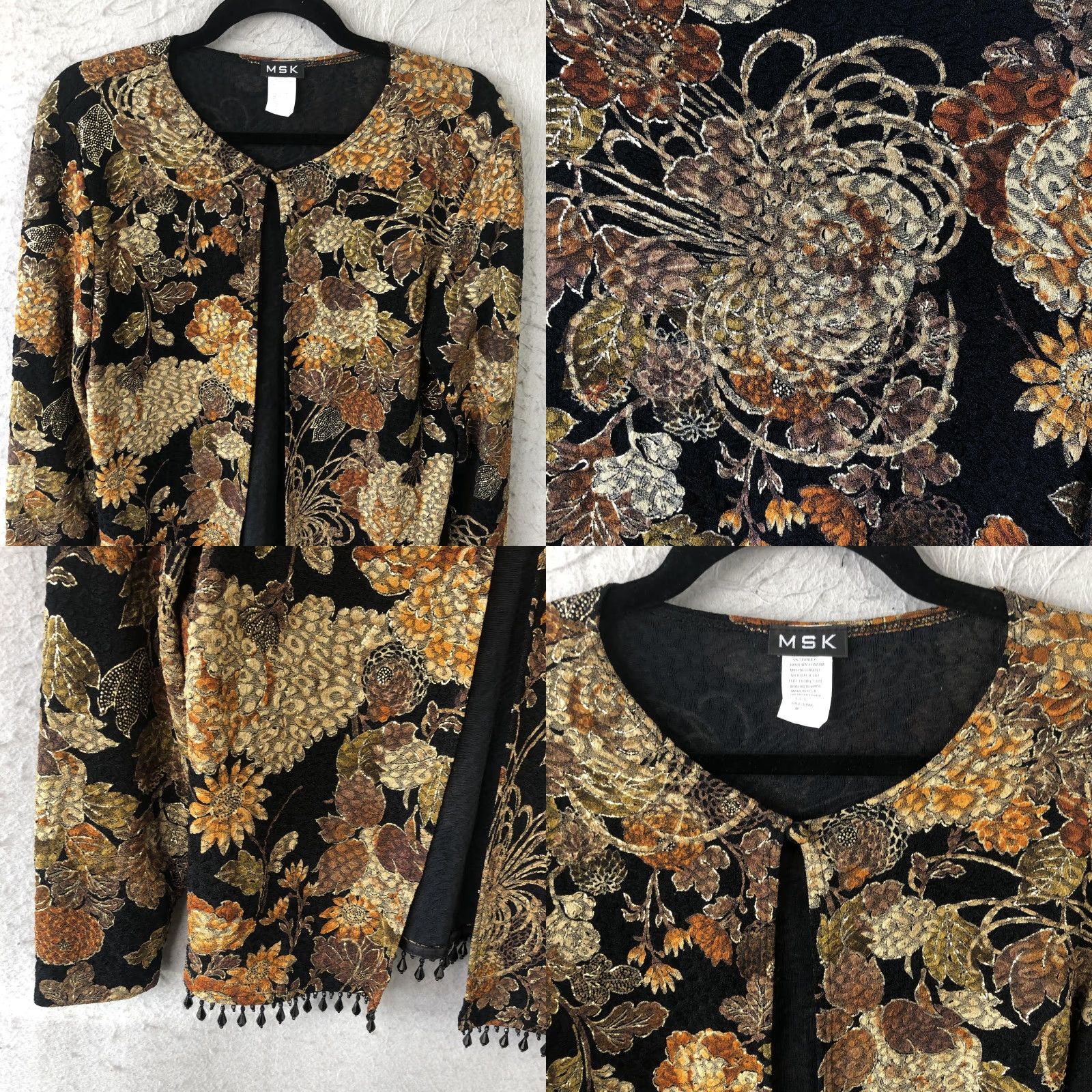 Vintage MSK Jacket Womens M Black Floral Brocade Beaded Fringe Evening Made in USA Size M / US 6-8 / IT 42-44 - 8 Thumbnail