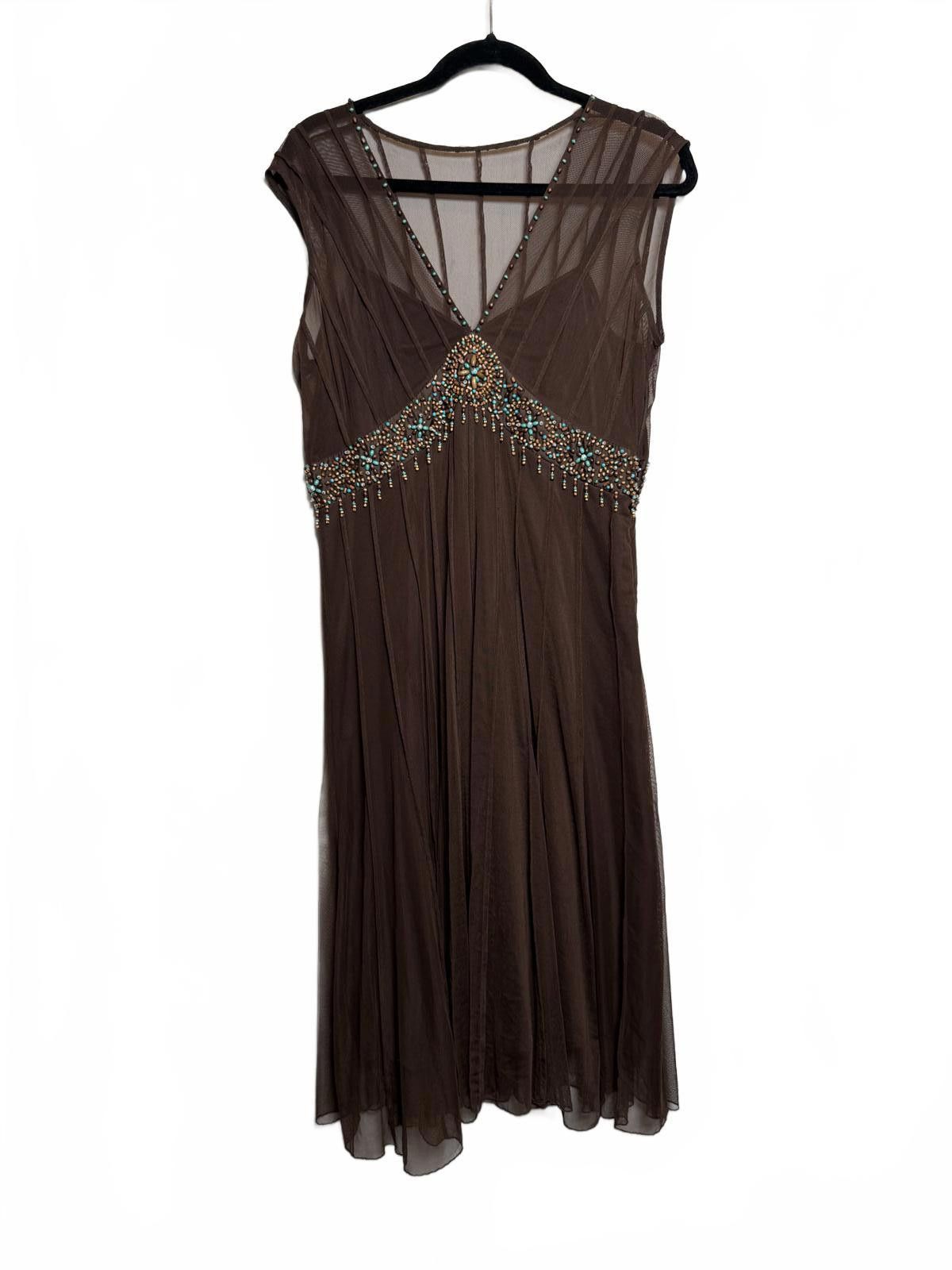 Y2K Vintage Brown Fairy Beaded Midi Dress with Sheer Overlay