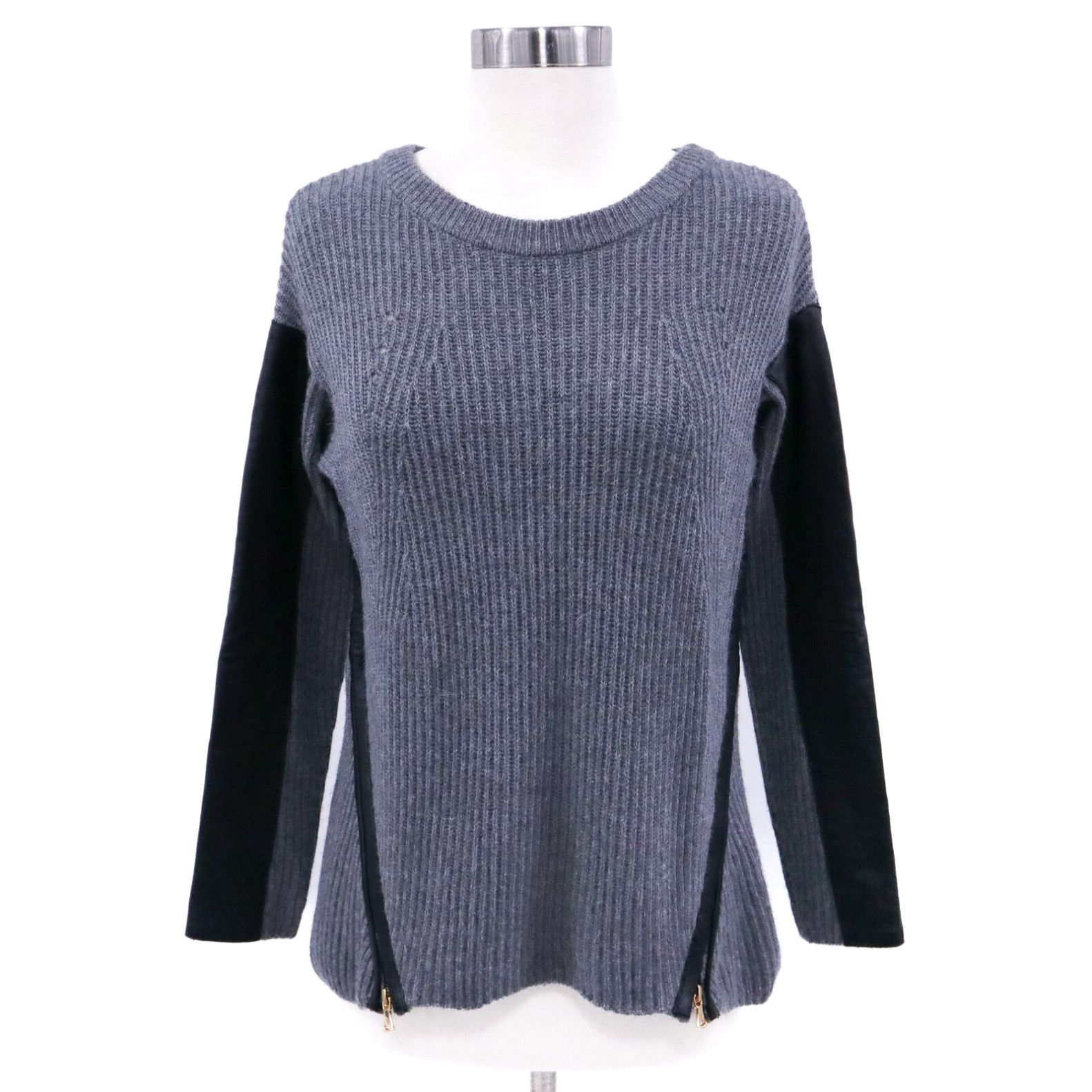 image of Milly Sweater Pullover Wool Womens P Xs Leather Sleeves Gray Chunky Knit Zipper in White