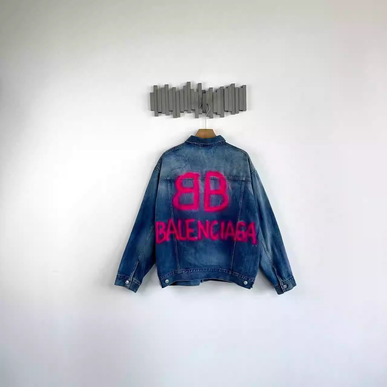 Balenciaga Spray Paint Effect Logo Print Denim Coat