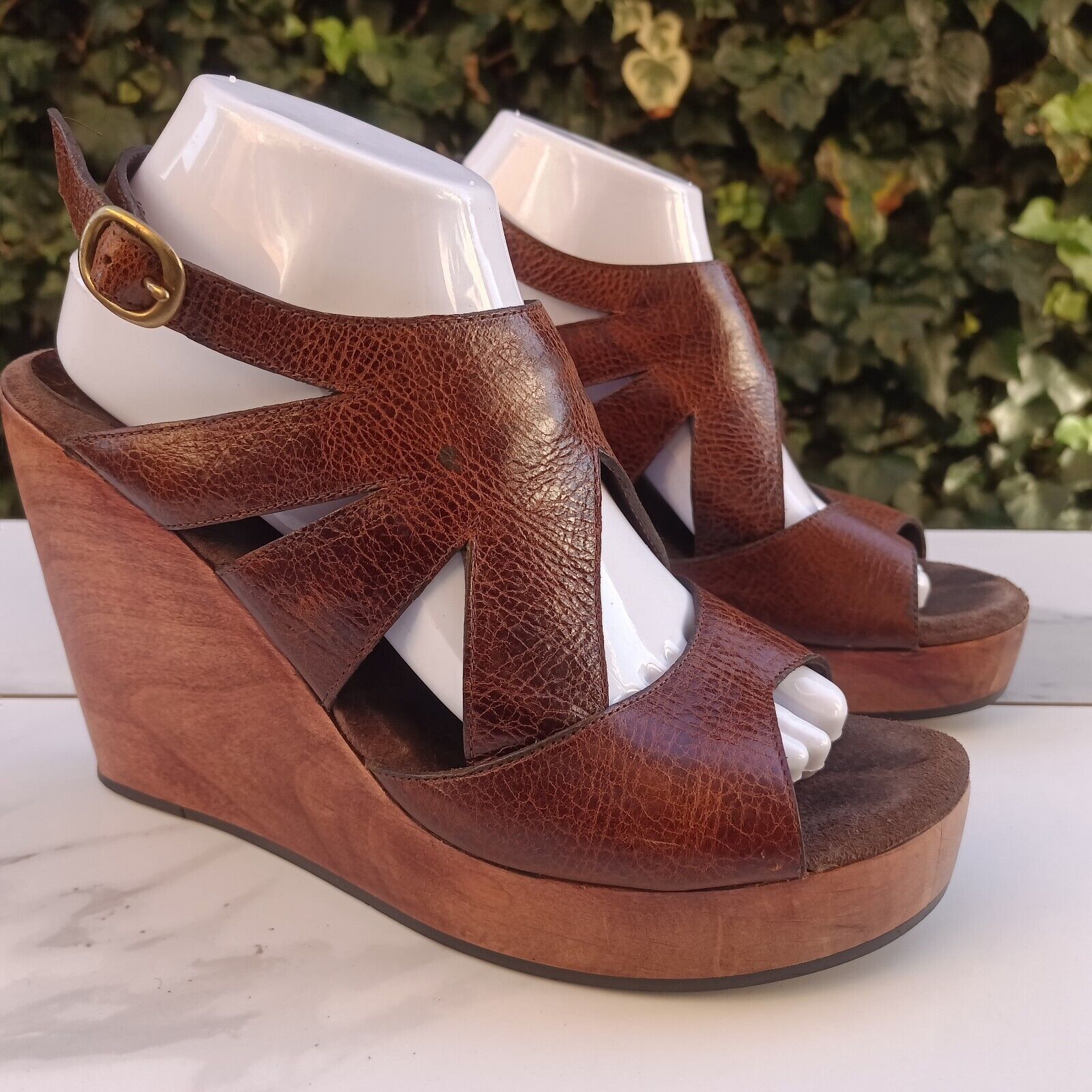 Vintage Calleen Cordero Open Toe Wood Wedge Platform Sandals