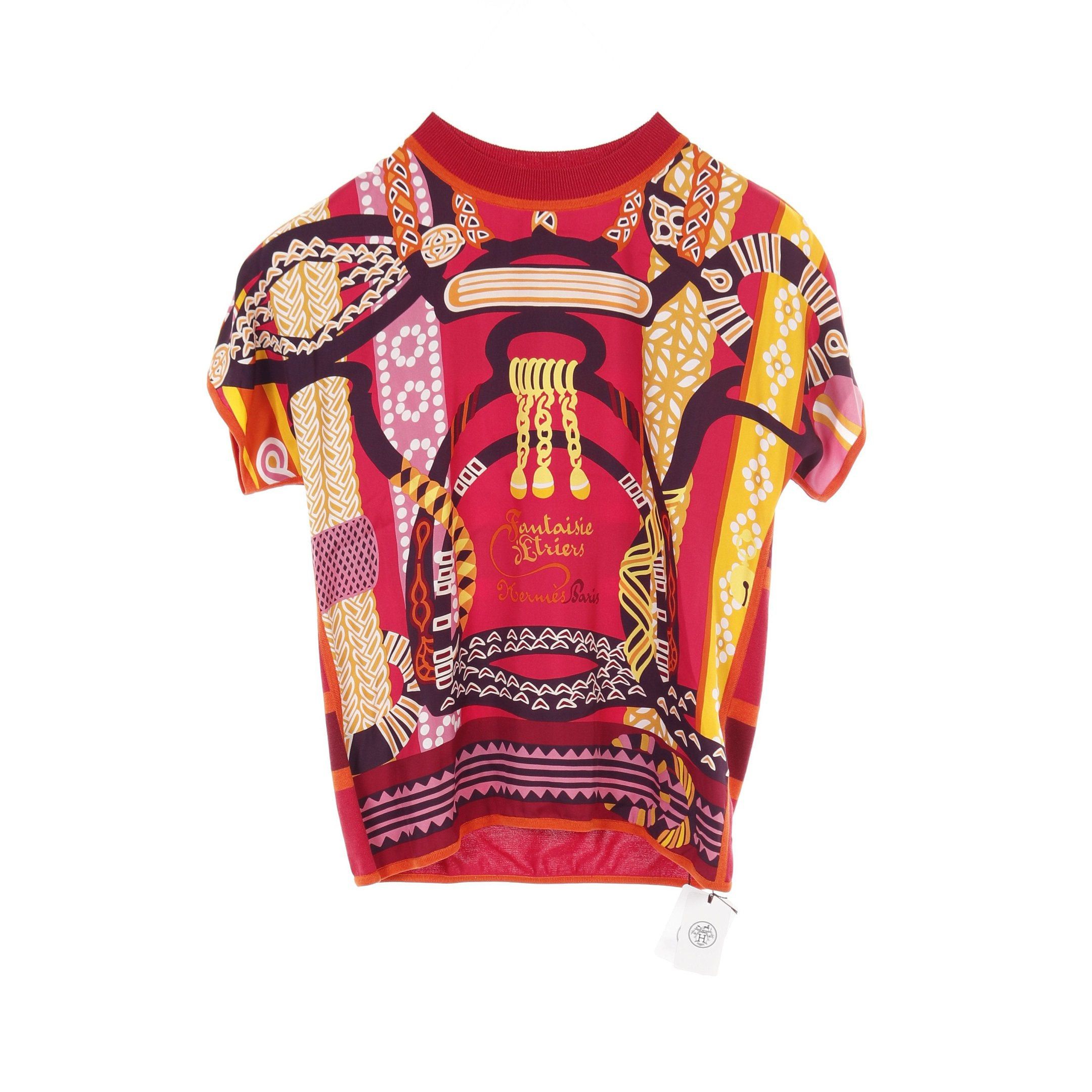 Hermes Fantaisie T-Shirt Cotton Twill Color-Block Silk Red Multicolor