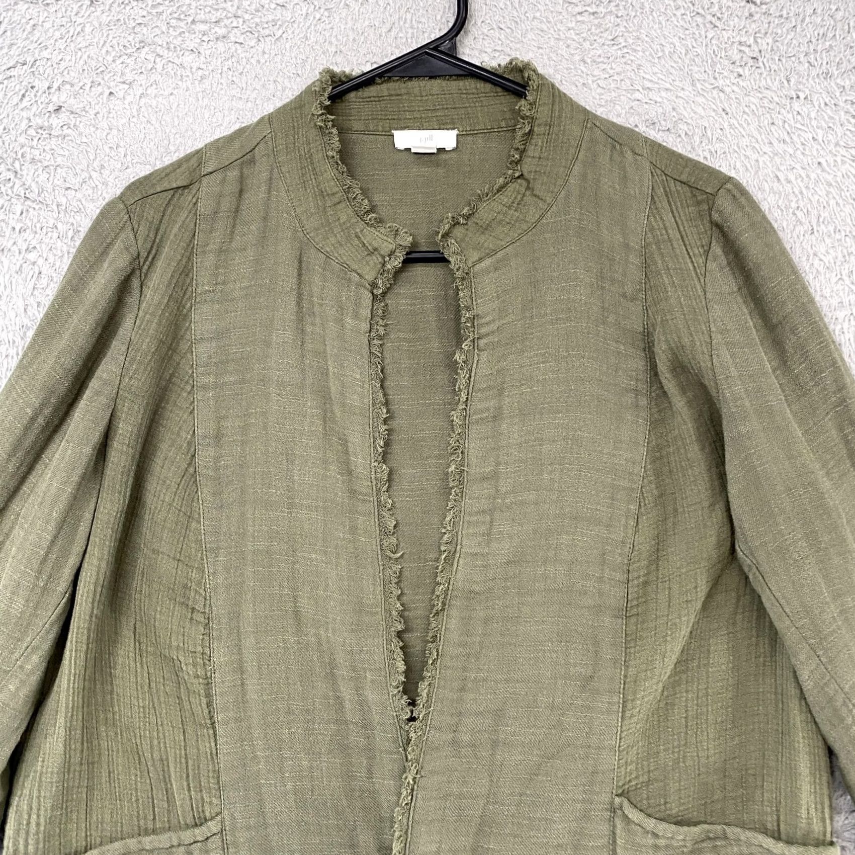 J. Jill J Jill Womens Green Jacket Petite M Open Front Fringe Crinkle 100% Cotton Size M / US 6-8 / IT 42-44 - 3 Thumbnail