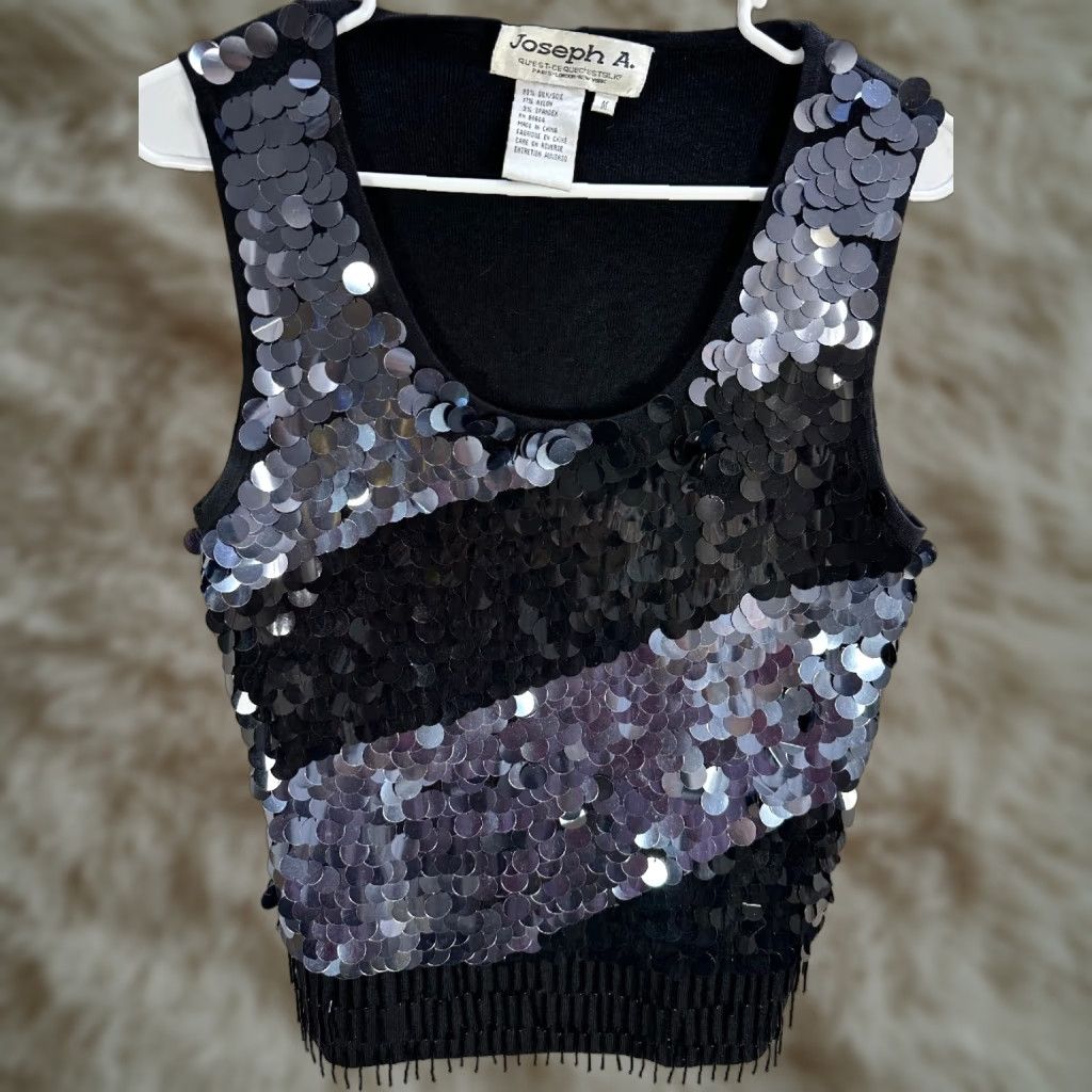 Vintage Joseph A Silk Black Tank Top Cropped Sequins Fringe Party Cocktail Size M Women Sleeveless Size M / US 6-8 / IT 42-44 - 1 Thumbnail