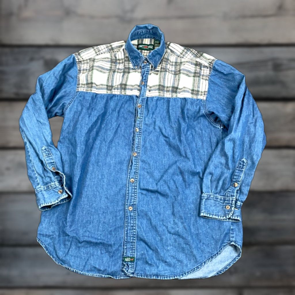 American Eagle Outfitters VINTAGE American Eagle Outfitters Denim Shirt Adult Large Blue Plaid Trim 90s Grunge Mens Shirt Size US L / EU 52-54 / 3 - 1 Thumbnail